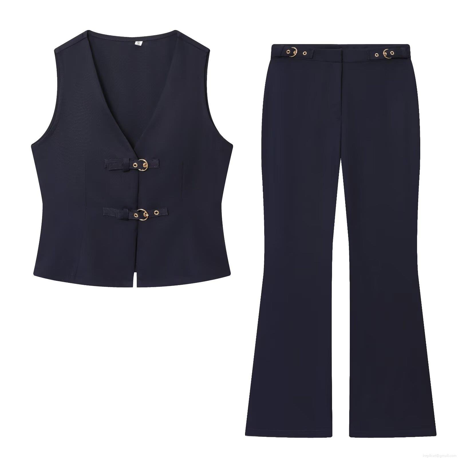 Women's Fashion V Neck Vest and High Waist Flare Pants Two Piece Set with Gold Buckle Decor Solid Color Polyester Blend Suits for Office Lady Streetwear Women's Fashion V Neck Vest and High Waist Flare Pants Two Piece Set with Gold Buckle Decor Solid Color Polyester Blend Suits for Office Lady Streetwear