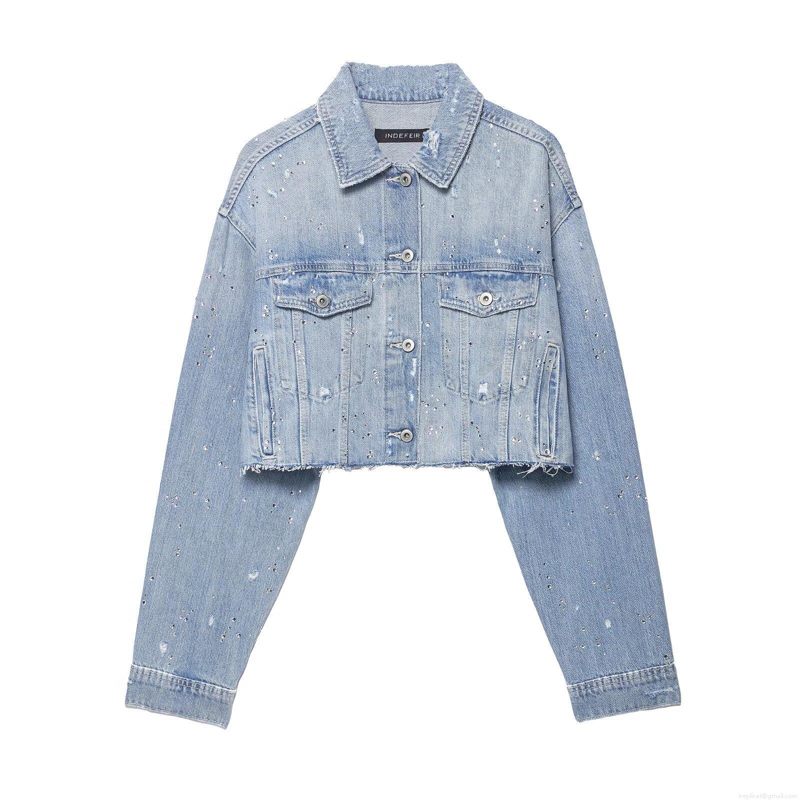 Women's Light Blue Rhinestone Distressed Denim Jacket and High Waist Straight Pants Two Piece Set Streetwear Cotton Blend Ripped Frayed Denim Suit Women's Light Blue Rhinestone Distressed Denim Jacket and High Waist Straight Pants Two Piece Set Streetwear Cotton Blend Ripped Frayed Denim Suit