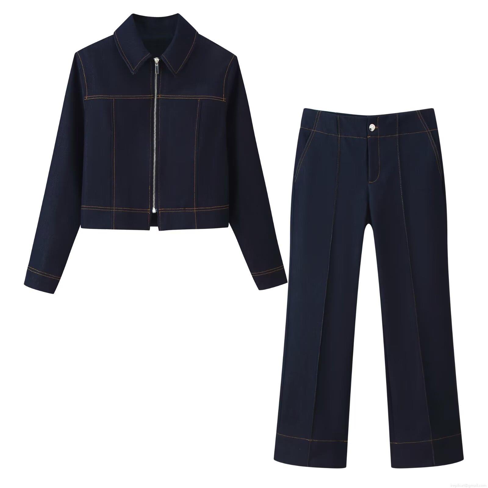 Women's 2 Piece Casual Pants Set Contrast Stitching Short Jacket And Straight Leg Trousers Denim Style Autumn Fashion Streetwear Outfit For Women Women's 2 Piece Casual Pants Set Contrast Stitching Short Jacket And Straight Leg Trousers Denim Style Autumn Fashion Streetwear Outfit For Women