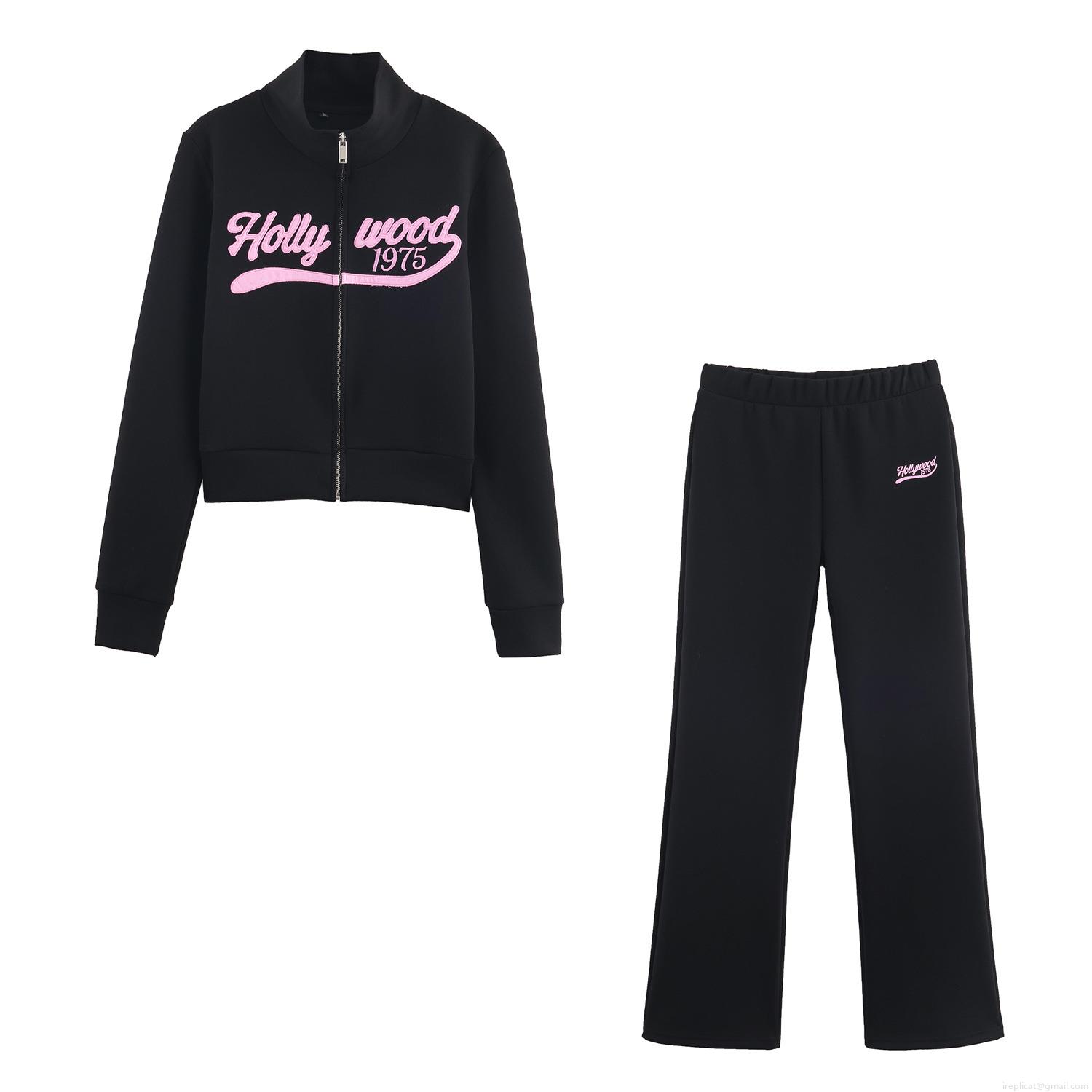 Women's Casual Two-Piece Tracksuit Set Hollywood 1975 Embroidery Zipper Stand Collar Sweatshirt and Flare Pants Autumn Cotton Blend Sporty Outfits Women's Casual Two-Piece Tracksuit Set Hollywood 1975 Embroidery Zipper Stand Collar Sweatshirt and Flare Pants Autumn Cotton Blend Sporty Outfits