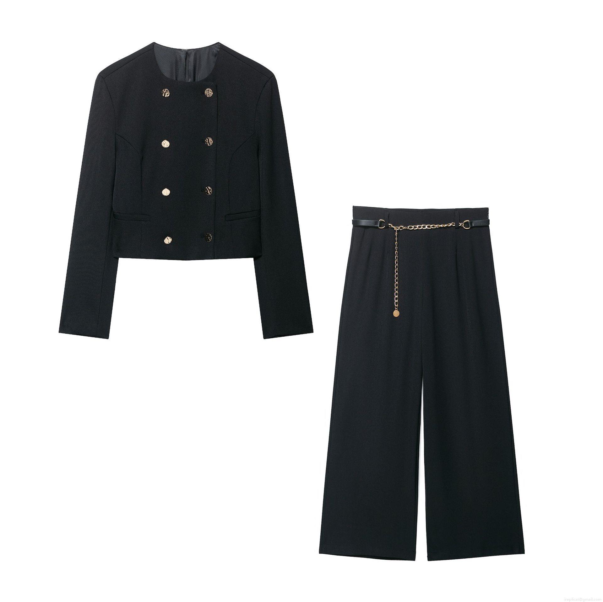 Women's Two-Piece Suit Set Polyester Short Double Breasted Round Neck Jacket High Waist Wide Leg Pants With Golden Chain Belt Elegant Office Daily Outfits Women's Two-Piece Suit Set Polyester Short Double Breasted Round Neck Jacket High Waist Wide Leg Pants With Golden Chain Belt Elegant Office Daily Outfits