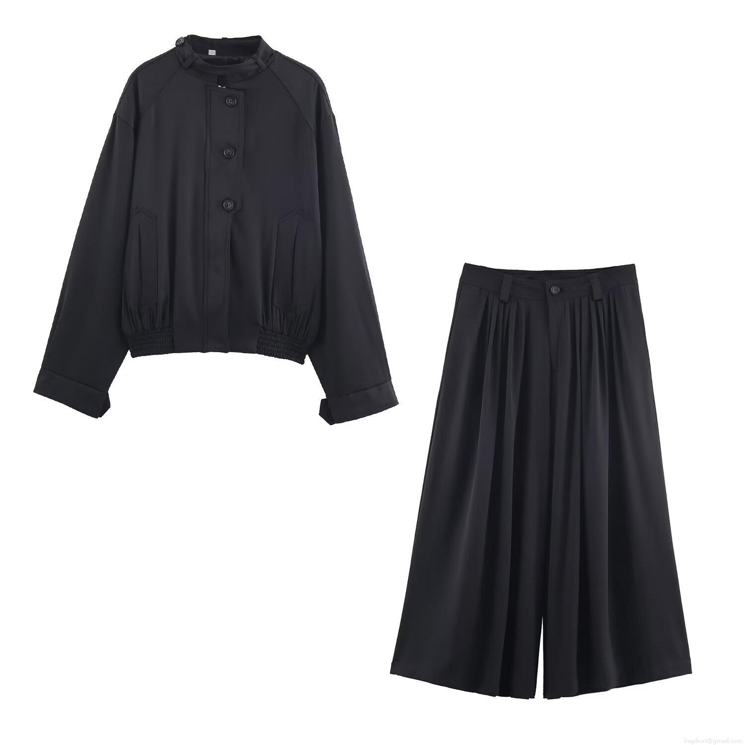 Women's Two Piece Pants Set Casual Solid Color Stand Collar Button Jacket And High Waist Pleated Wide Leg Trousers Autumn Fashion Loose Long Sleeve Outfits Women's Two Piece Pants Set Casual Solid Color Stand Collar Button Jacket And High Waist Pleated Wide Leg Trousers Autumn Fashion Loose Long Sleeve Outfits