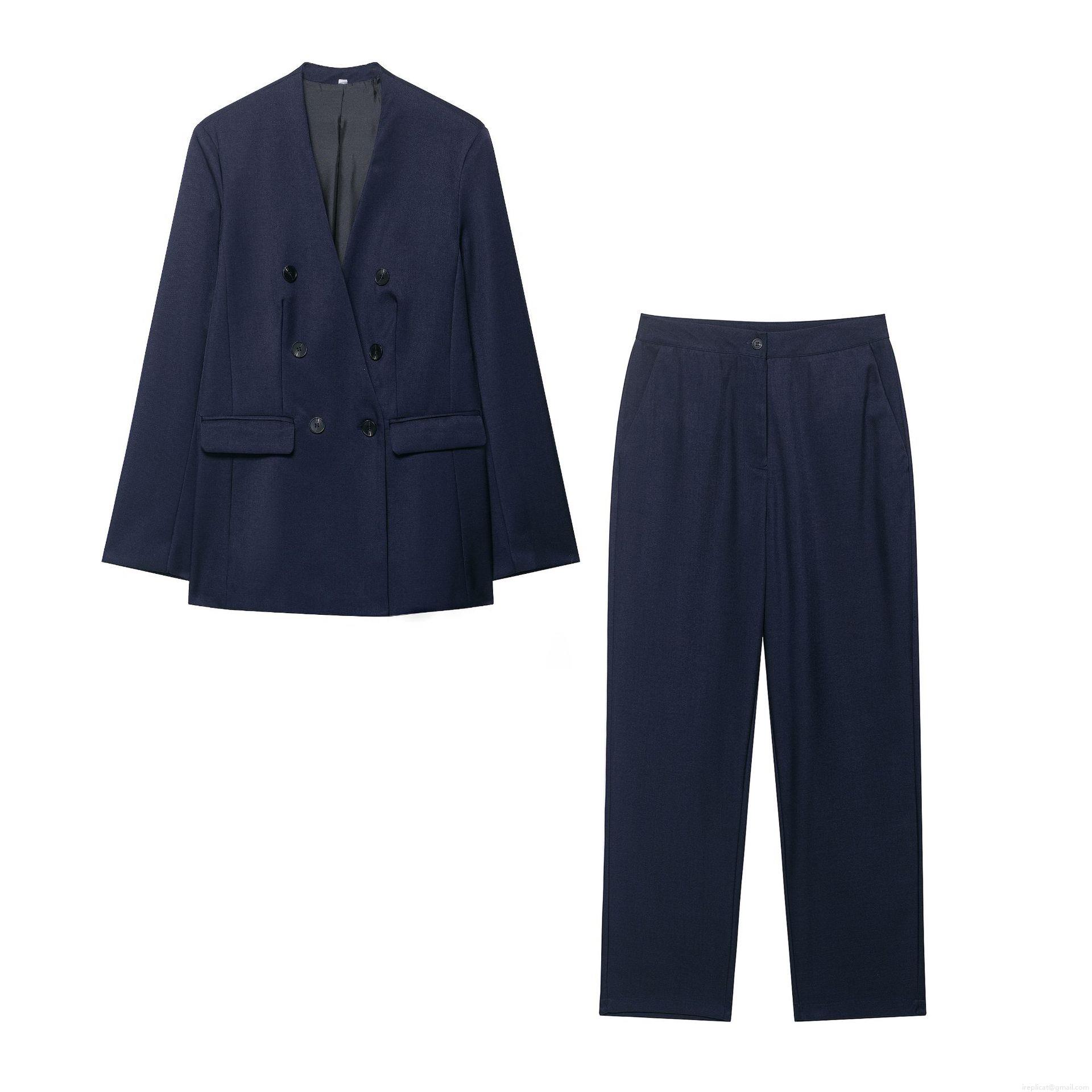 Women's Navy Blue Business Casual Blazer Jacket And Straight Leg Pants Polyester Double Breasted V Neck Office Lady Workwear Outfits Autumn Streetwear Sets Women's Navy Blue Business Casual Blazer Jacket And Straight Leg Pants Polyester Double Breasted V Neck Office Lady Workwear Outfits Autumn Streetwear Sets