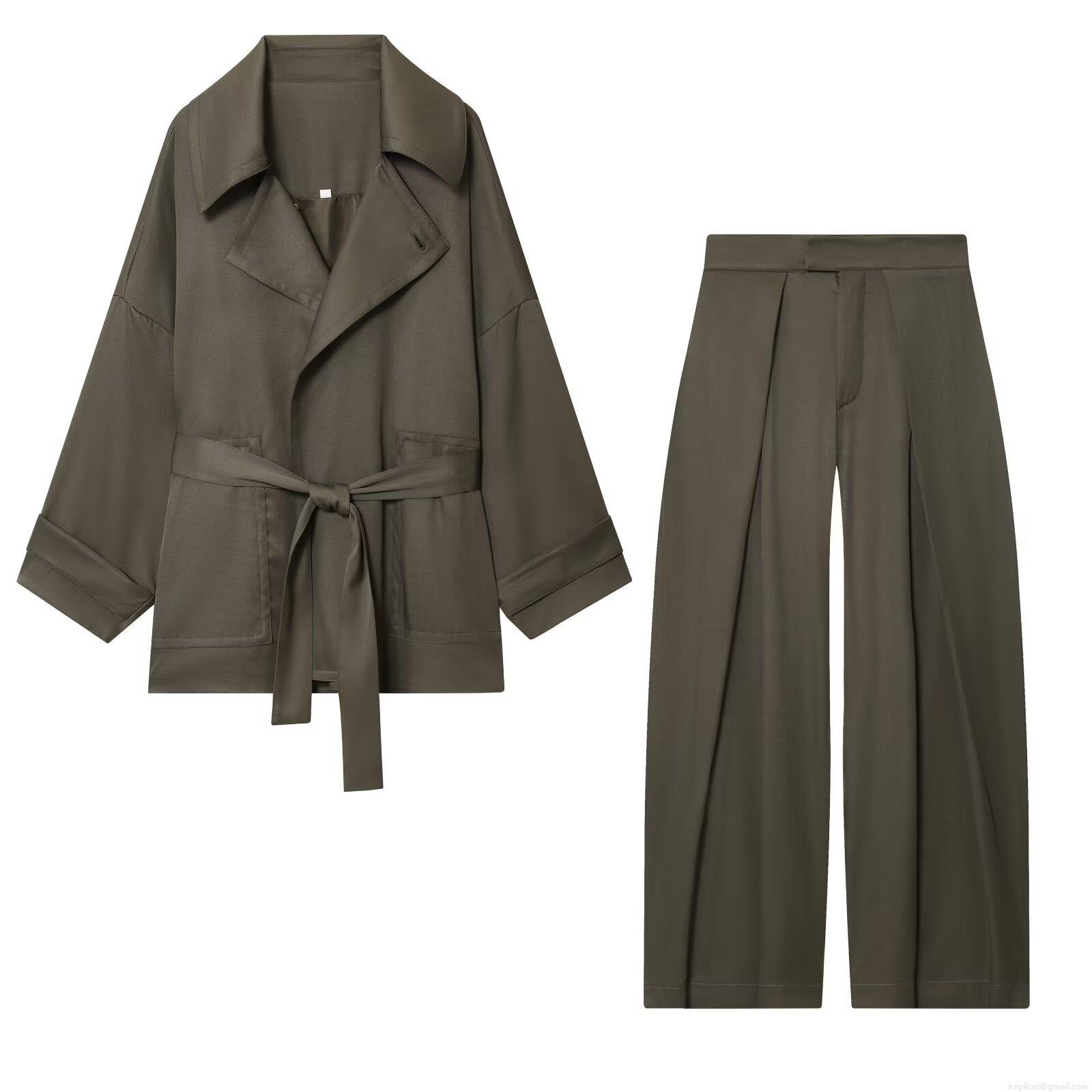Women's Two Piece Pants Set Early Autumn Fashion Polyester Belted Jacket And Wide Leg Pleated Trousers Casual Street Style Elegant Outfit For Ladies Women's Two Piece Pants Set Early Autumn Fashion Polyester Belted Jacket And Wide Leg Pleated Trousers Casual Street Style Elegant Outfit For Ladies
