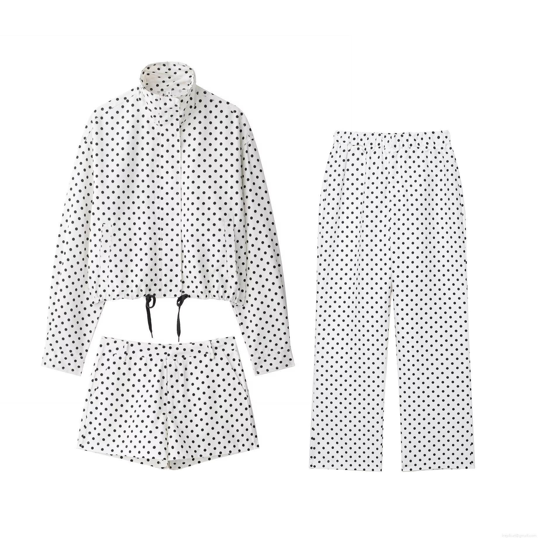 Women Fashion Polka Dot 3 Piece Set Long Sleeve Stand Collar Drawstring Jacket Casual Shorts And Wide Leg Long Pants Streetwear Outfit Women Fashion Polka Dot 3 Piece Set Long Sleeve Stand Collar Drawstring Jacket Casual Shorts And Wide Leg Long Pants Streetwear Outfit