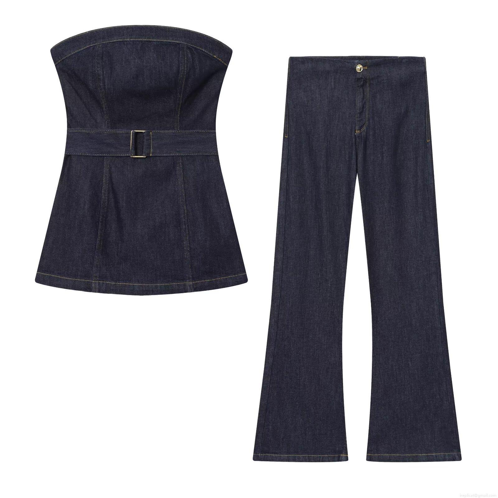Women's Sexy Denim Two Piece Set Dark Blue Strapless Tube Top With Belt And High Waist Flare Jeans Contrast Stitching Street Casual Outfits Women's Sexy Denim Two Piece Set Dark Blue Strapless Tube Top With Belt And High Waist Flare Jeans Contrast Stitching Street Casual Outfits