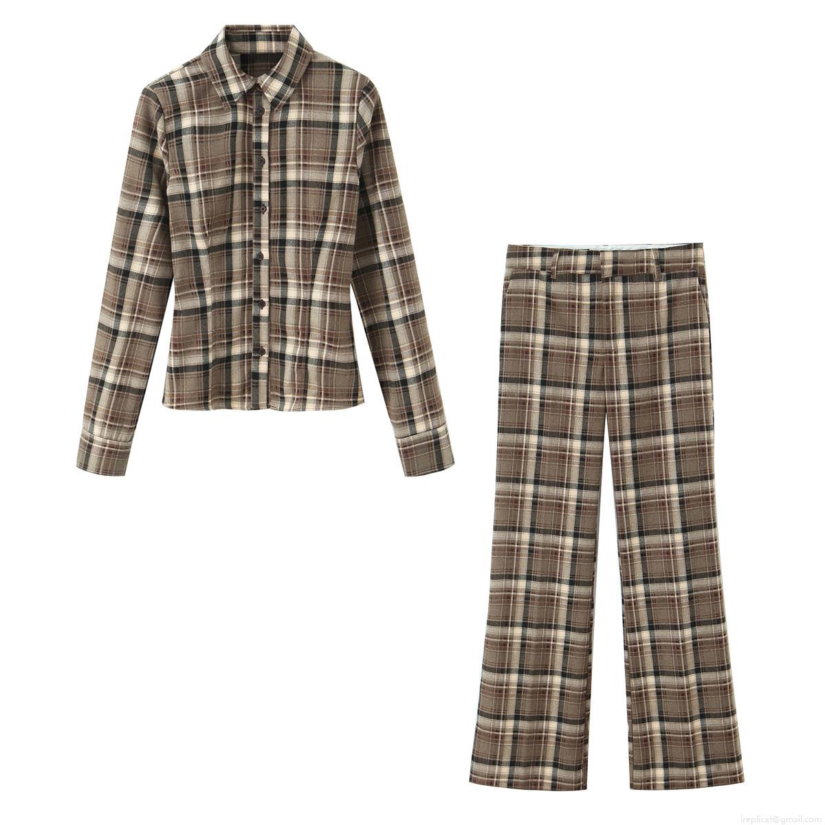 Women's Retro Plaid Two Piece Set Autumn Long Sleeve Button Down Shirt And High Waist Straight Leg Pants Casual Outfits Streetwear Brown Plaid Trouser Sets Women's Retro Plaid Two Piece Set Autumn Long Sleeve Button Down Shirt And High Waist Straight Leg Pants Casual Outfits Streetwear Brown Plaid Trouser Sets