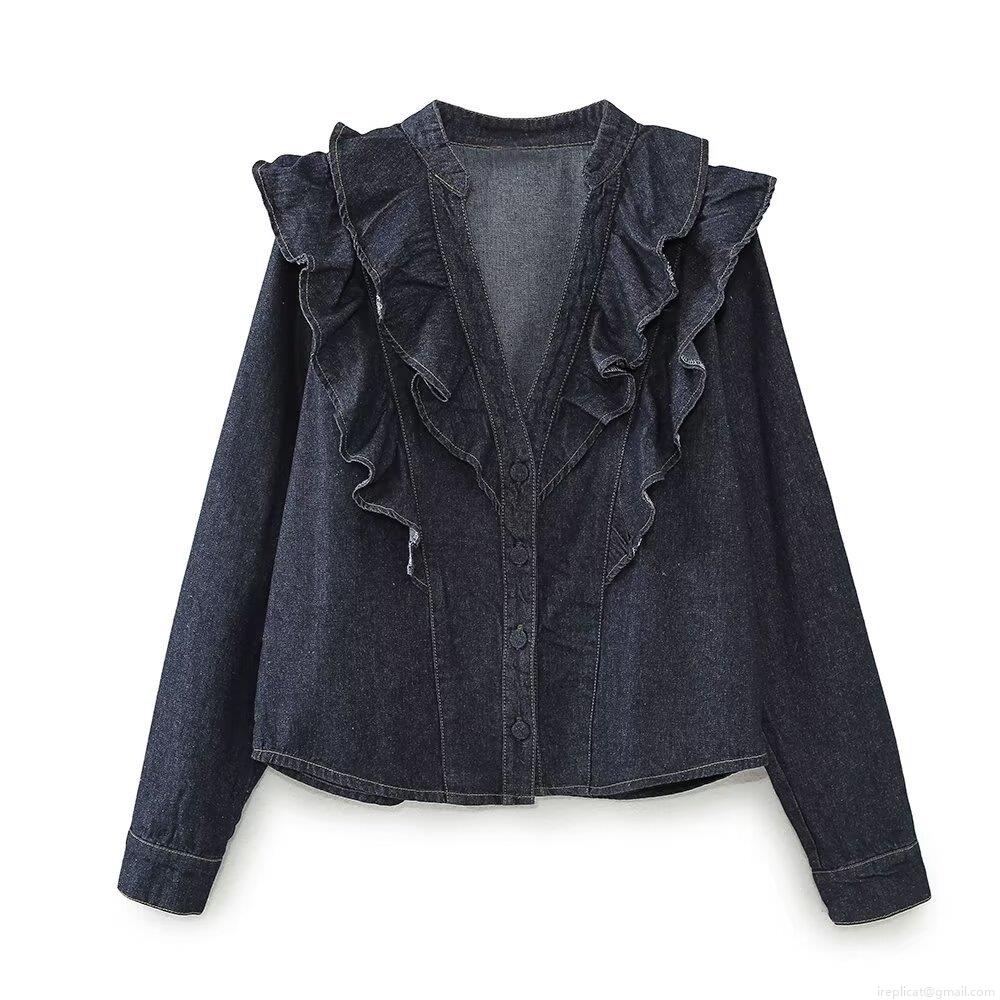 Women's Ruffle Denim Shirt and Wide Leg Jeans Set Long Sleeve V-Neck Button Up 100% Cotton Blouse High Waisted Straight Leg Denim Pants Streetwear Outfit Women's Ruffle Denim Shirt and Wide Leg Jeans Set Long Sleeve V-Neck Button Up 100% Cotton Blouse High Waisted Straight Leg Denim Pants Streetwear Outfit