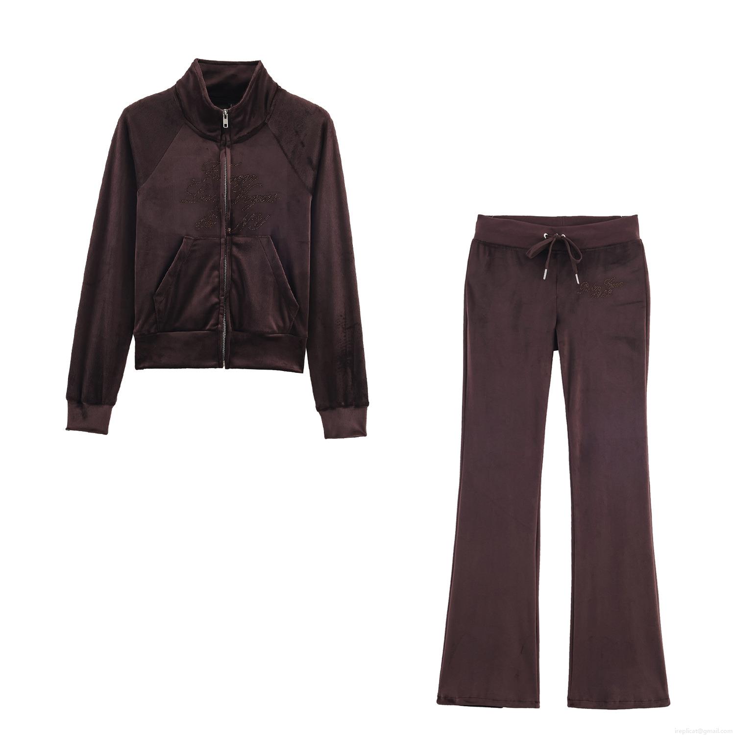 Women\'s Fashion Velvet Two Piece Tracksuit Set Rhinestone Letter Print Zipper Up Jacket and High Waist Flare Pants Casual Loungewear Streetwear Women\'s Fashion Velvet Two Piece Tracksuit Set Rhinestone Letter Print Zipper Up Jacket and High Waist Flare Pants Casual Loungewear Streetwear