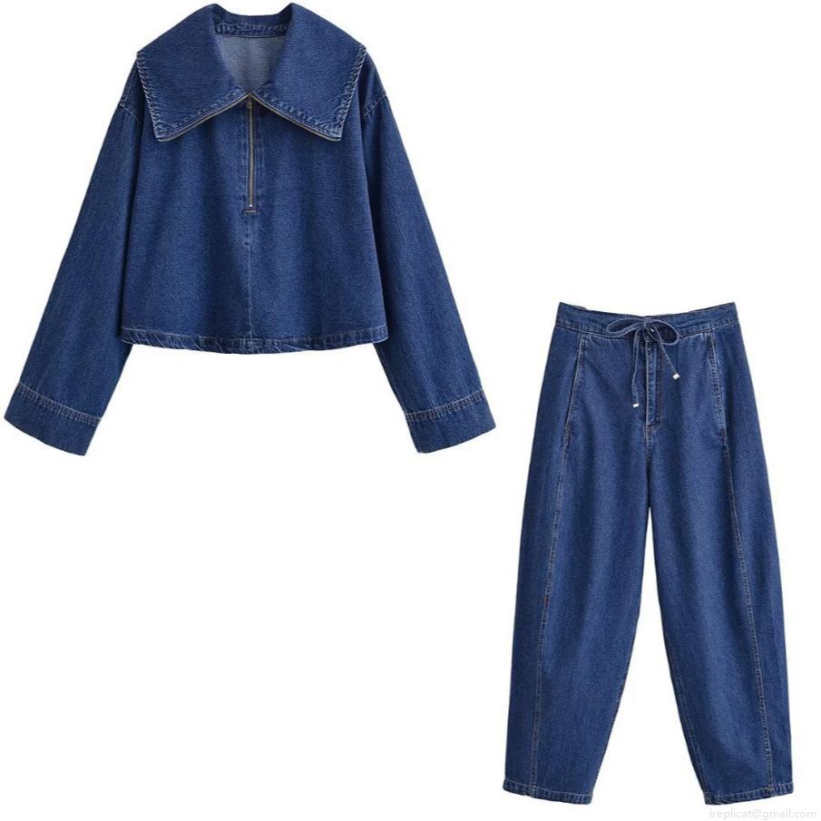 Women's Dark Blue Denim Two Piece Set Big Lapel Quarter Zipper Cropped Jacket And High Waist Drawstring Tapered Pants Casual Streetwear Outfit Women's Dark Blue Denim Two Piece Set Big Lapel Quarter Zipper Cropped Jacket And High Waist Drawstring Tapered Pants Casual Streetwear Outfit
