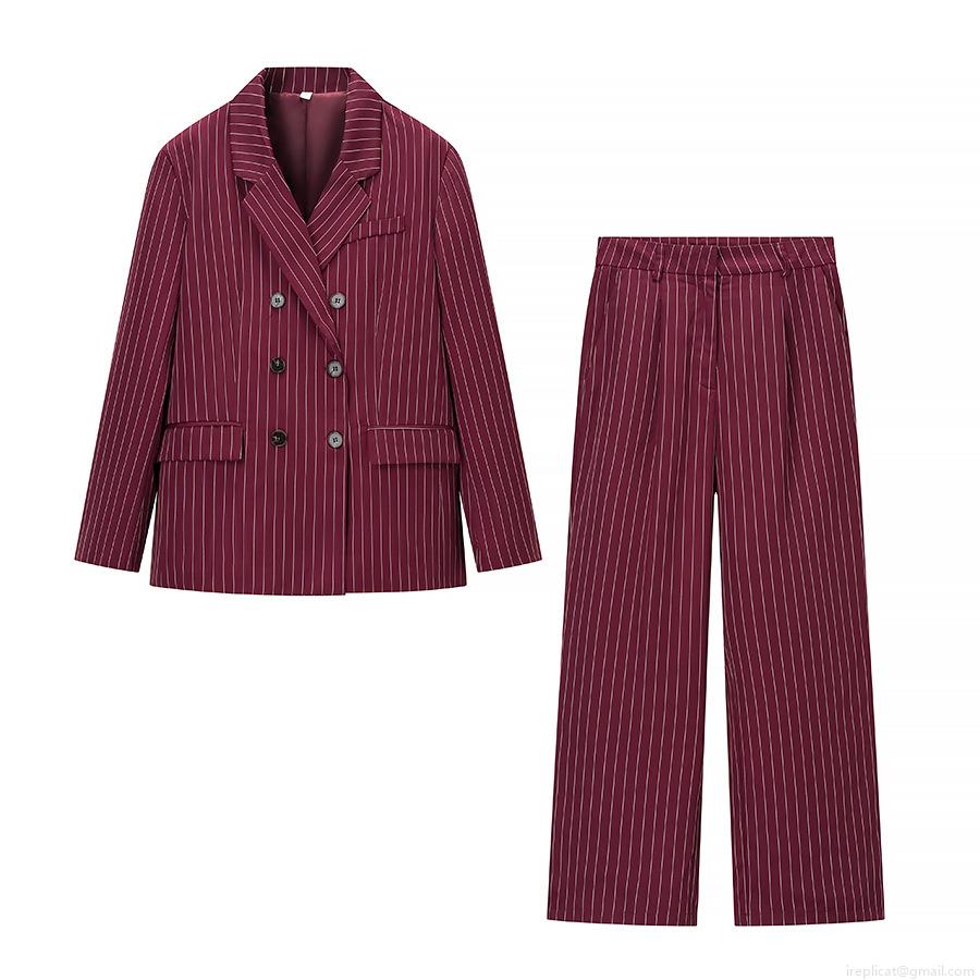 Women's 2 Piece Striped Blazer Suit Double Breasted Jacket And Wide Leg Long Pants Set Casual Streetwear Autumn Fashion Outfit Women's 2 Piece Striped Blazer Suit Double Breasted Jacket And Wide Leg Long Pants Set Casual Streetwear Autumn Fashion Outfit