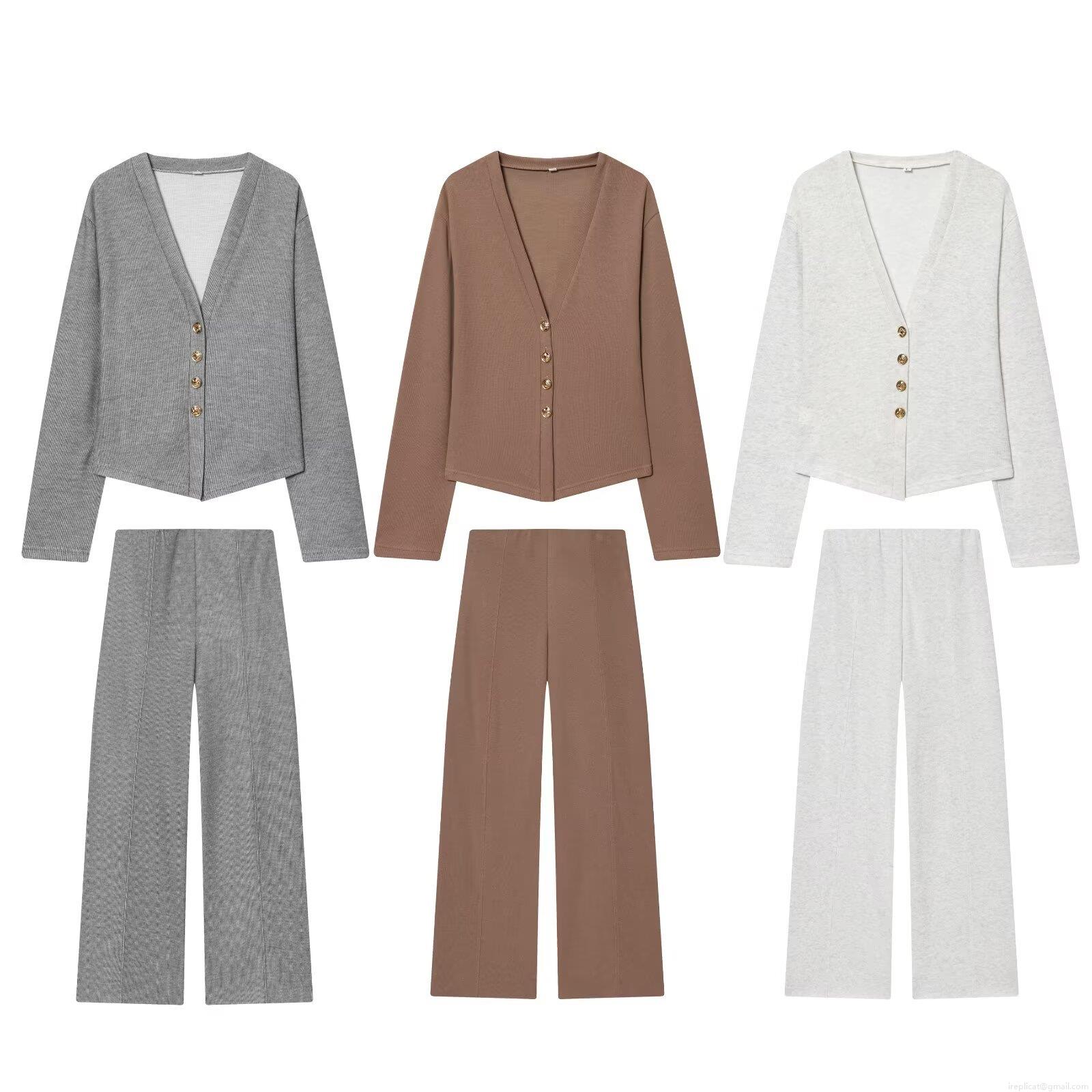 Women's Autumn Ribbed Knit 2 Piece Set V Neck Button Up Cardigan And High Waist Wide Leg Pants Polyester Solid Color Casual Lounge Sets Soft Slim Fit Streetwear Sweatsuit Women's Autumn Ribbed Knit 2 Piece Set V Neck Button Up Cardigan And High Waist Wide Leg Pants Polyester Solid Color Casual Lounge Sets Soft Slim Fit Streetwear Sweatsuit