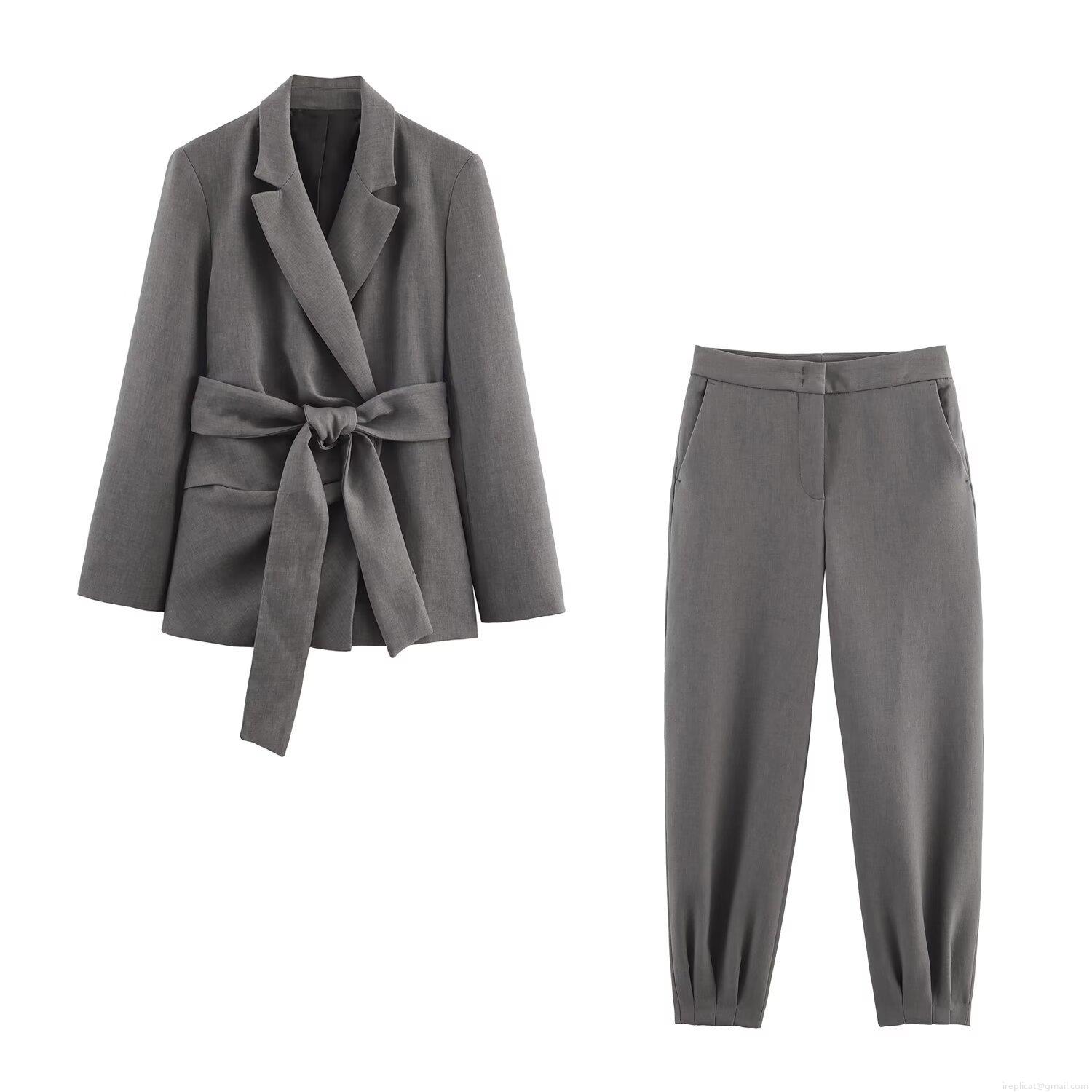 Women's Business Casual Grey Blazer And Tapered Pants Suit Set With Shoulder Pads And Waist Belt Solid Color Two Piece Outfits For Office Daily Streetwear Women's Business Casual Grey Blazer And Tapered Pants Suit Set With Shoulder Pads And Waist Belt Solid Color Two Piece Outfits For Office Daily Streetwear