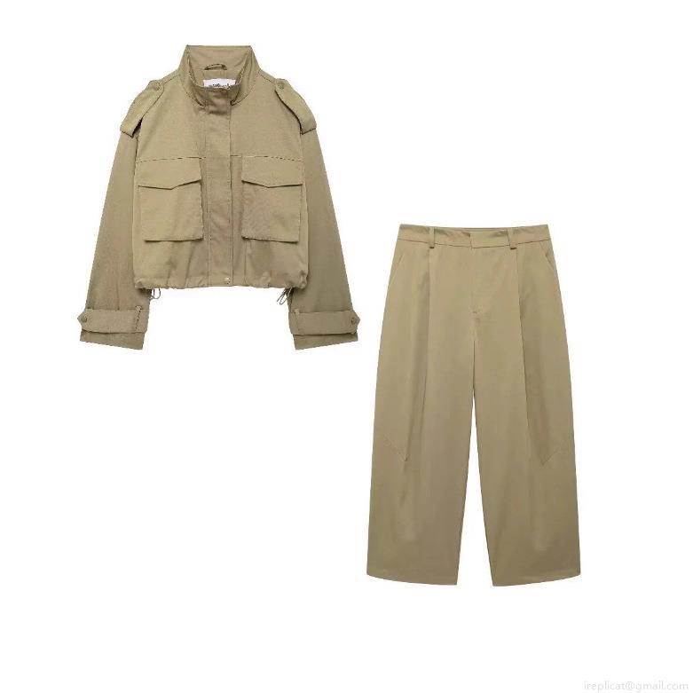 Women's Two Piece Utility Set Khaki Cotton Blend Short Workwear Jacket And High Waist Wide Leg Pants Casual Streetwear Outfits Sets Women's Two Piece Utility Set Khaki Cotton Blend Short Workwear Jacket And High Waist Wide Leg Pants Casual Streetwear Outfits Sets