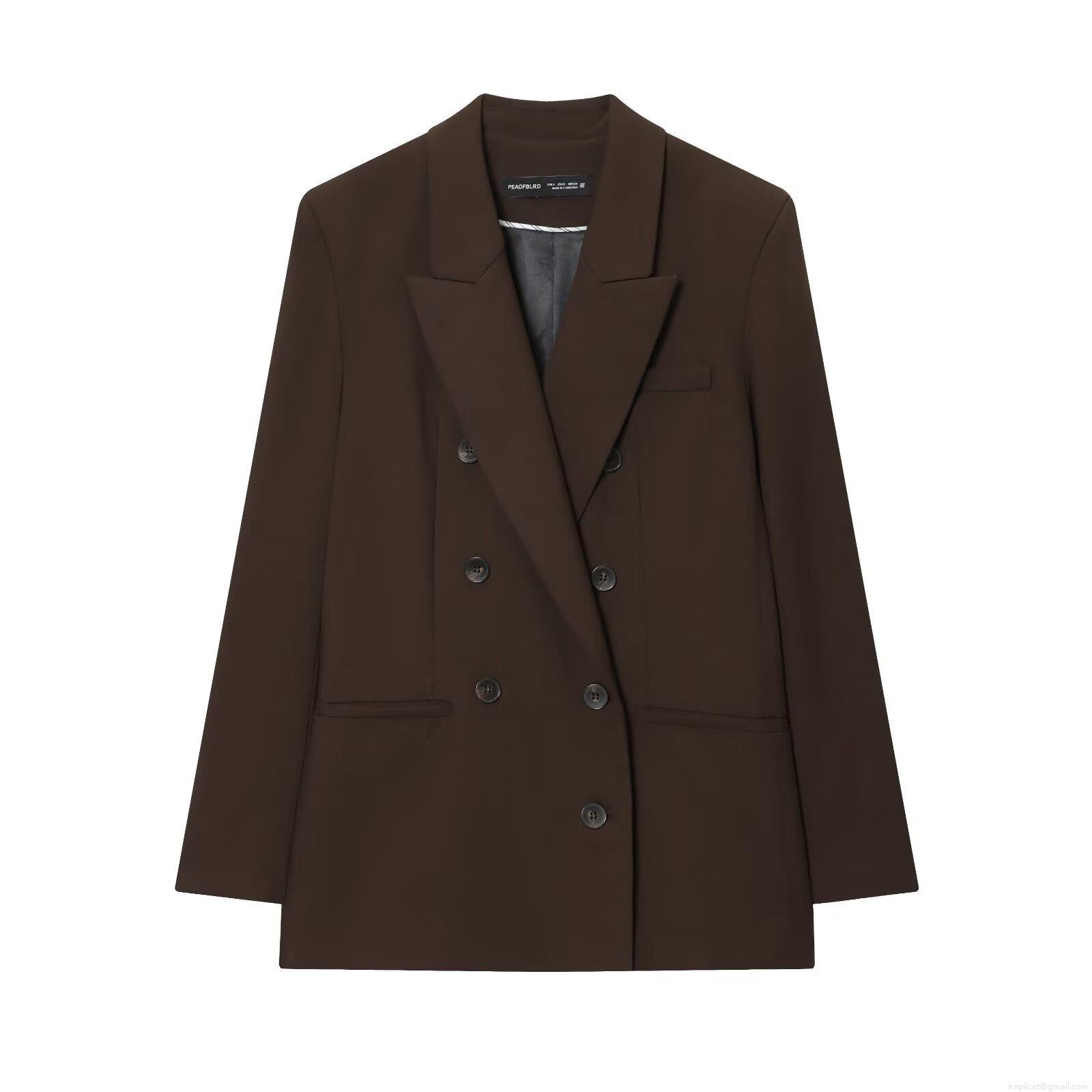 Women's Dark Brown Business Casual Suit Set Double-Breasted Padded Shoulder Blazer and High Waist Straight Wide Leg Pants Elegant Two Piece Set