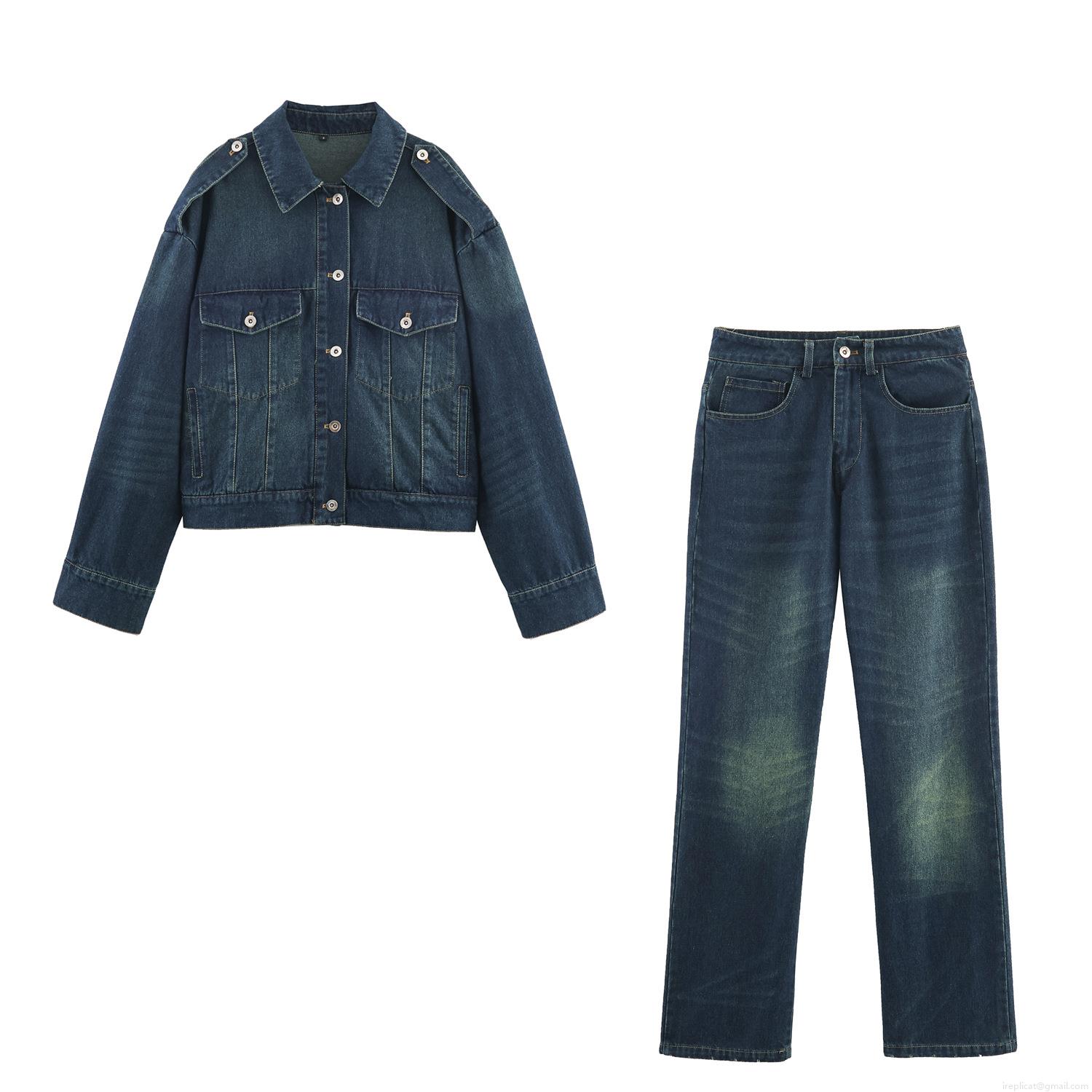 Women\'s Casual Denim Jacket and Pants Two-Piece Set Deep Blue Washed Cotton Blend Long Sleeve Button Up Short Jacket with High Waist Straight Leg Trousers Streetwear Outfits Women\'s Casual Denim Jacket and Pants Two-Piece Set Deep Blue Washed Cotton Blend Long Sleeve Button Up Short Jacket with High Waist Straight Leg Trousers Streetwear Outfits