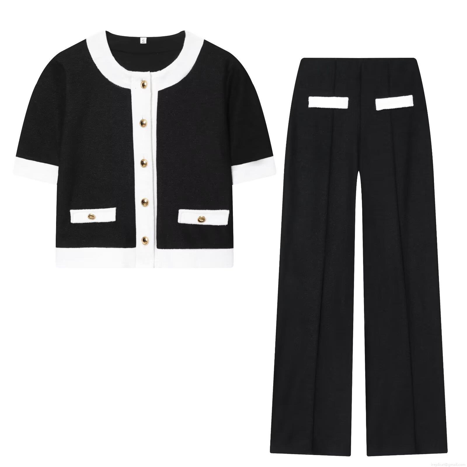 Women's Two Piece Tweed Knit Set Contrast Color Short Sleeve Gold Button Top And High Waist Wide Leg Long Pants Elegant Small Fragrance Style Casual Polyester Suit Women's Two Piece Tweed Knit Set Contrast Color Short Sleeve Gold Button Top And High Waist Wide Leg Long Pants Elegant Small Fragrance Style Casual Polyester Suit