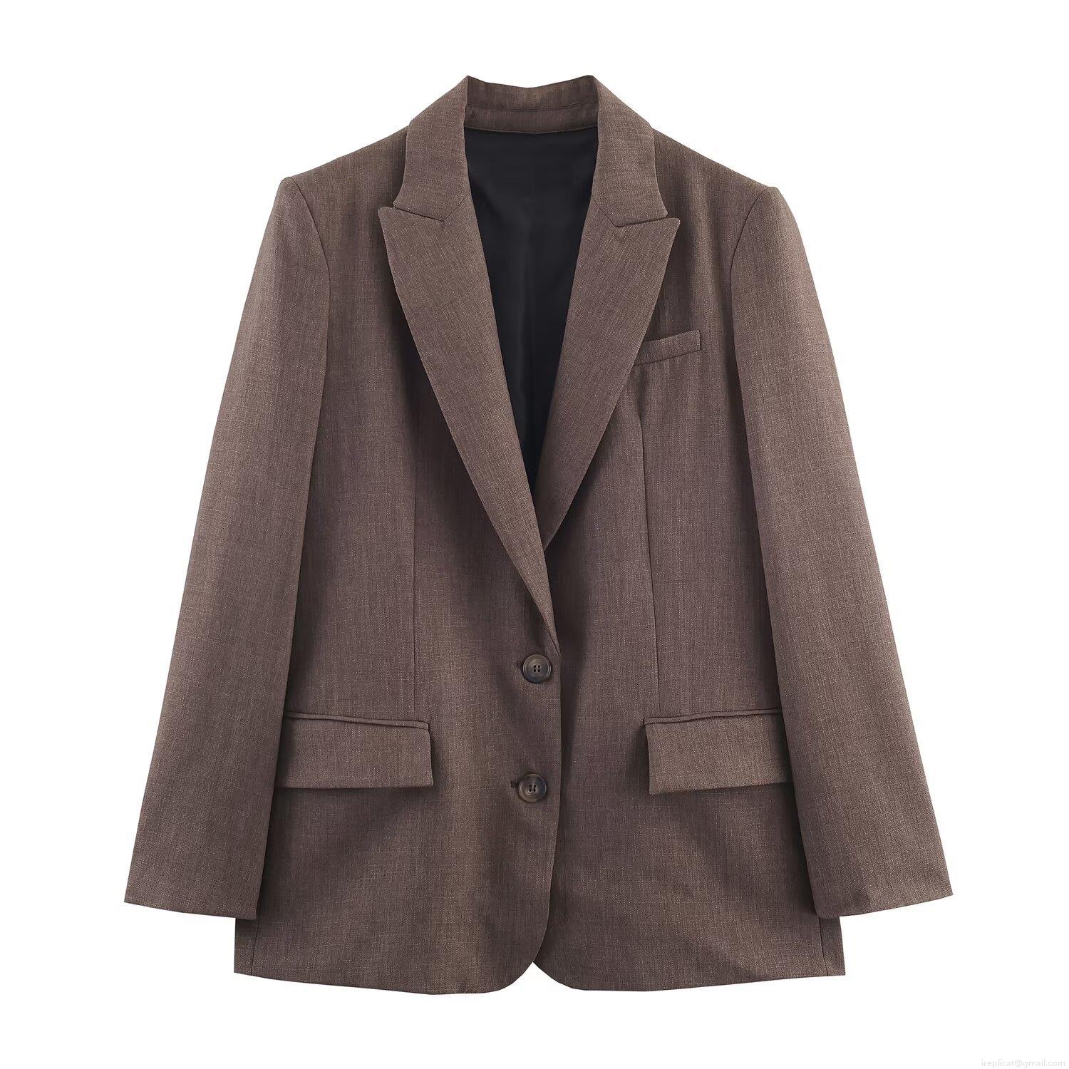 Women's Casual Brown Woven Polyester Blazer and Pants Set Autumn Fashion Streetwear Two-Piece Suit with Back Button Detail for Women Office Ladies Women's Casual Brown Woven Polyester Blazer and Pants Set Autumn Fashion Streetwear Two-Piece Suit with Back Button Detail for Women Office Ladies