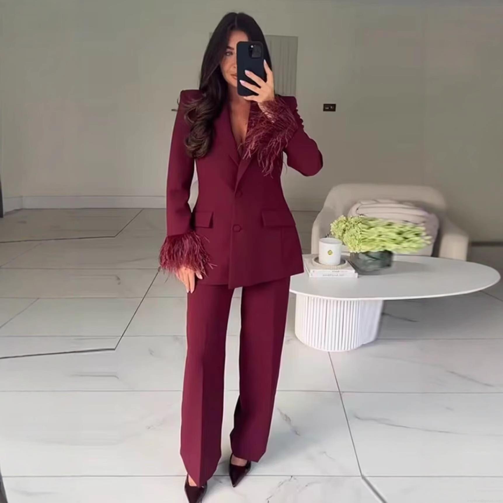Elegant Women Notched Lapel Blazer and Straight Leg Pants Set with Faux Feather Cuffs Solid Color Commuter Suit Two Piece Outfit For Office Party Elegant Women Notched Lapel Blazer and Straight Leg Pants Set with Faux Feather Cuffs Solid Color Commuter Suit Two Piece Outfit For Office Party