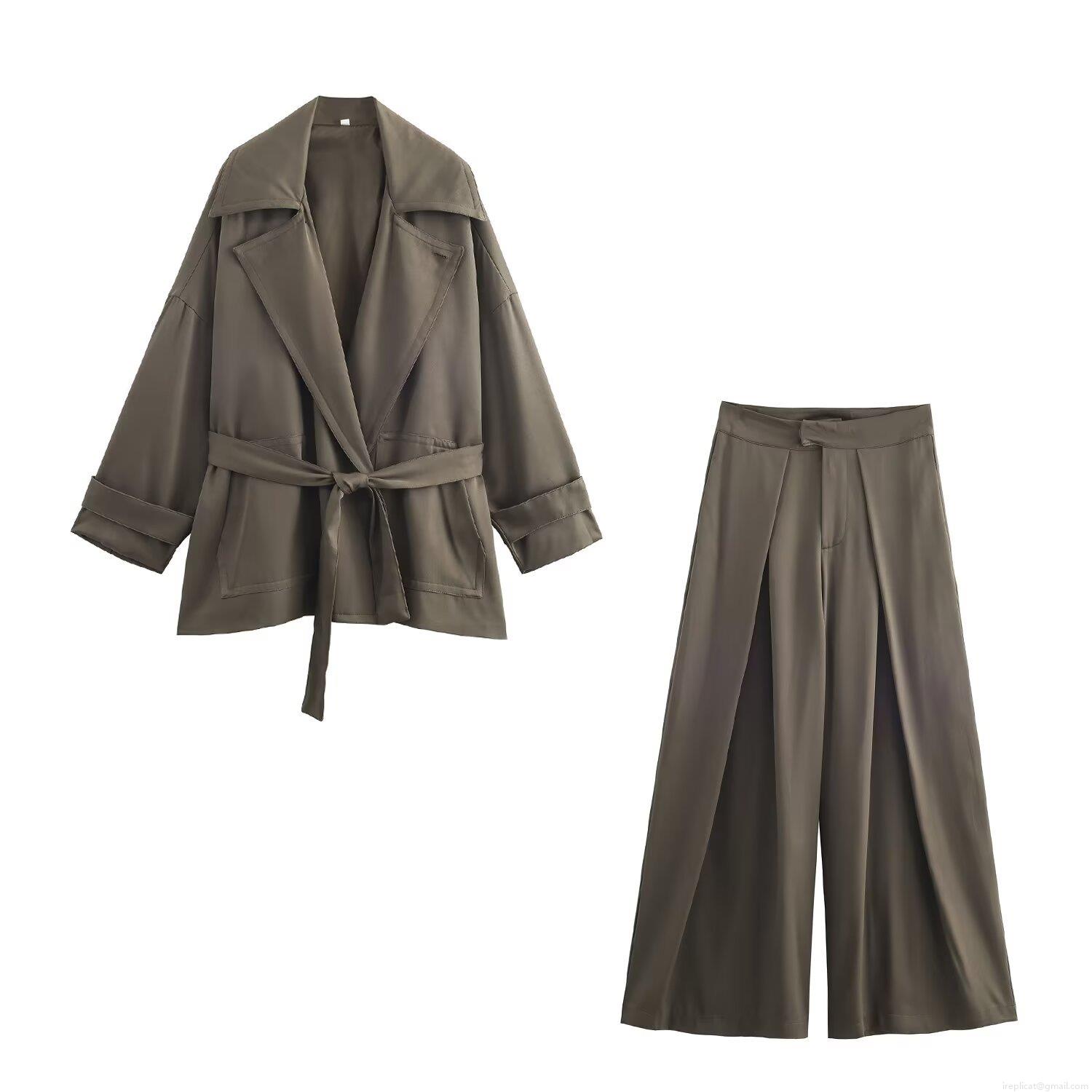 Women's Casual Two Piece Pants Set Elegant Solid Color Belted Blazer Windbreaker Jacket And High Waist Wide Leg Long Trousers Autumn Streetwear Outfit Women's Casual Two Piece Pants Set Elegant Solid Color Belted Blazer Windbreaker Jacket And High Waist Wide Leg Long Trousers Autumn Streetwear Outfit