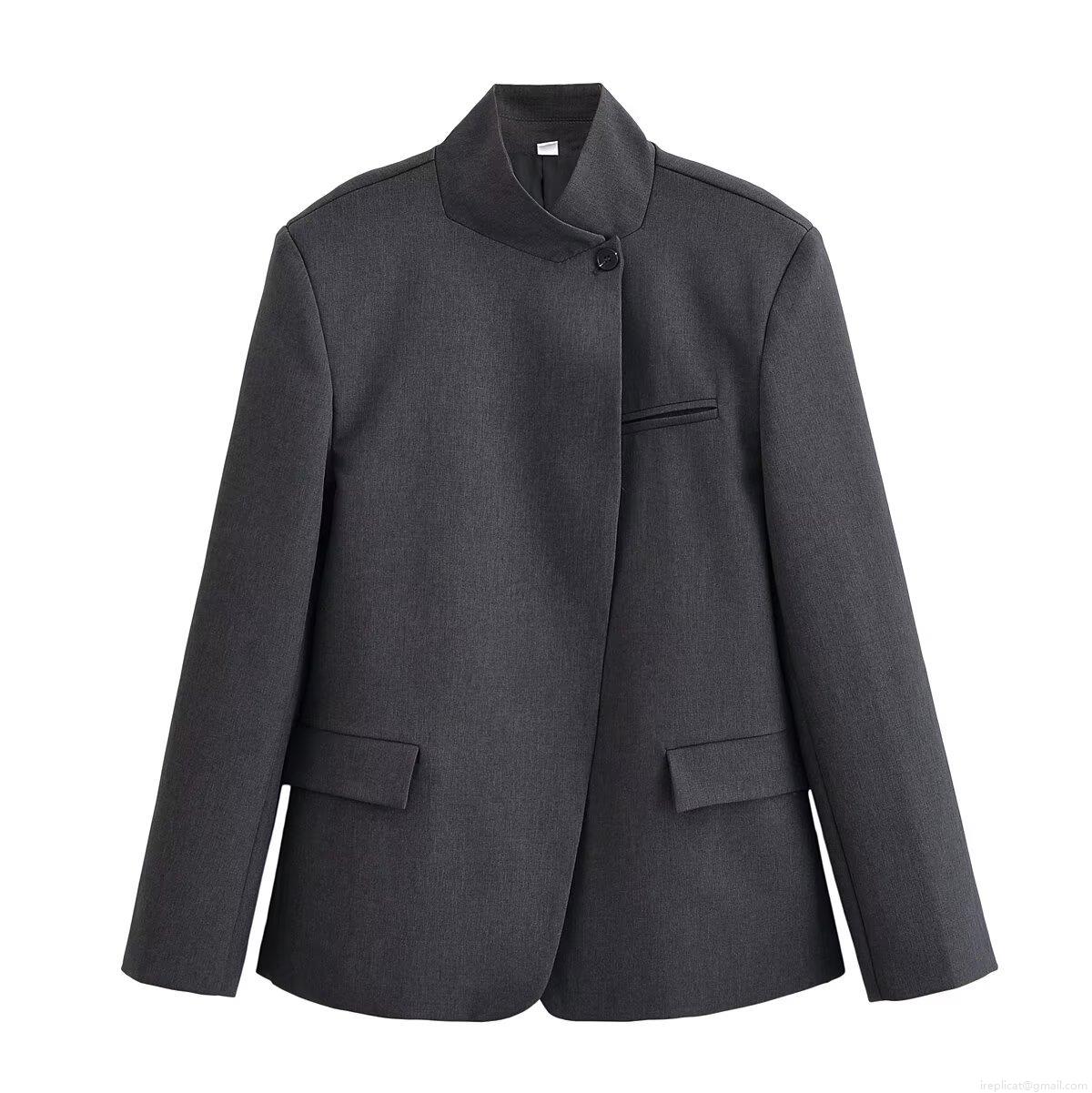 Women Elegant Deep Grey Stand Collar Blazer and Wide Leg Pants Set 100% Polyester Office Professional Slanted Placket Suit Jacket High Waist Striped Trousers Slim Fit Streetwear Chic Outfit Women Elegant Deep Grey Stand Collar Blazer and Wide Leg Pants Set 100% Polyester Office Professional Slanted Placket Suit Jacket High Waist Striped Trousers Slim Fit Streetwear Chic Outfit
