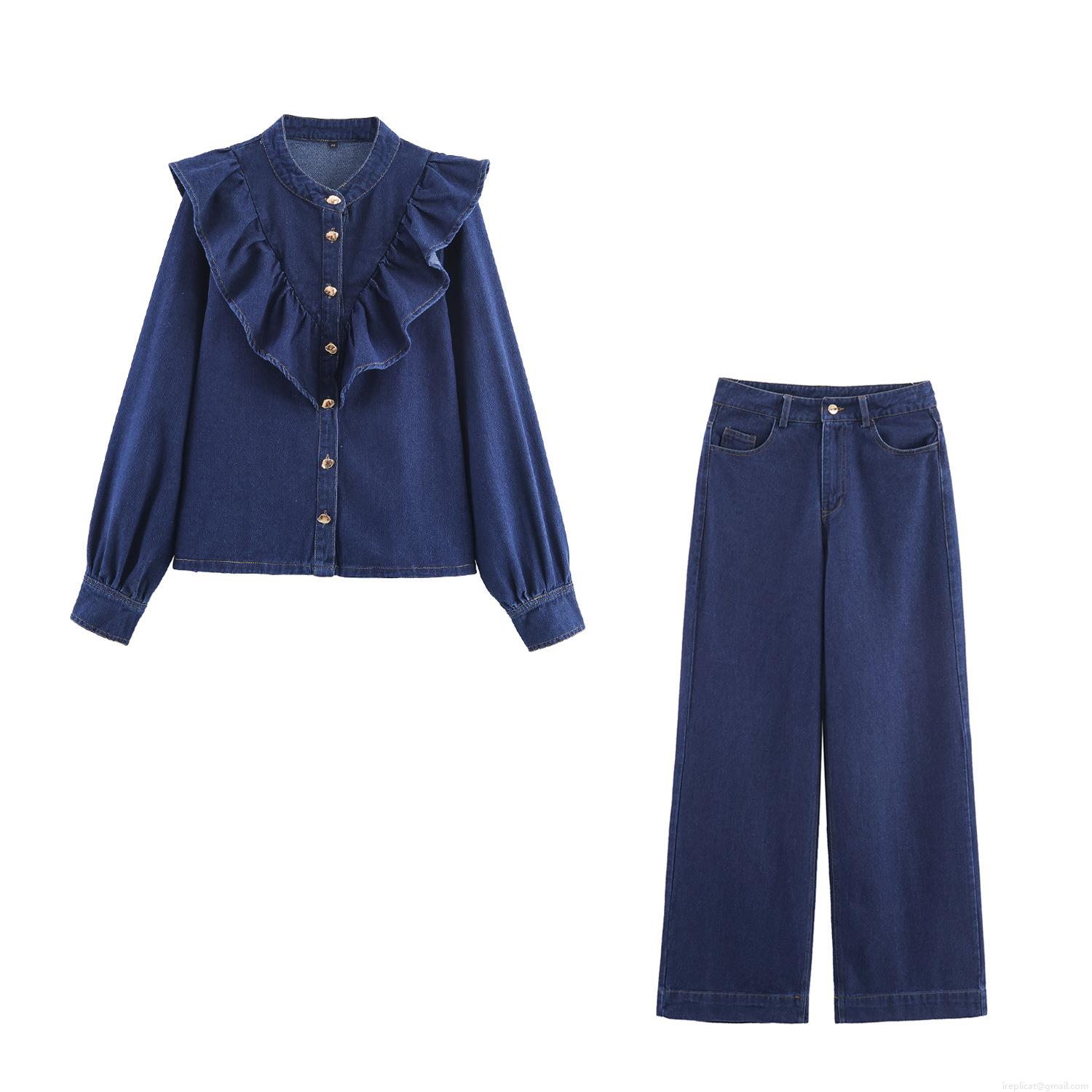 Women's Denim Two Piece Set Ruffle Long Sleeve Shirt and High Waist Wide Leg Pants Streetwear Casual Solid Color Cotton Blend Autumn Outfits Women's Denim Two Piece Set Ruffle Long Sleeve Shirt and High Waist Wide Leg Pants Streetwear Casual Solid Color Cotton Blend Autumn Outfits