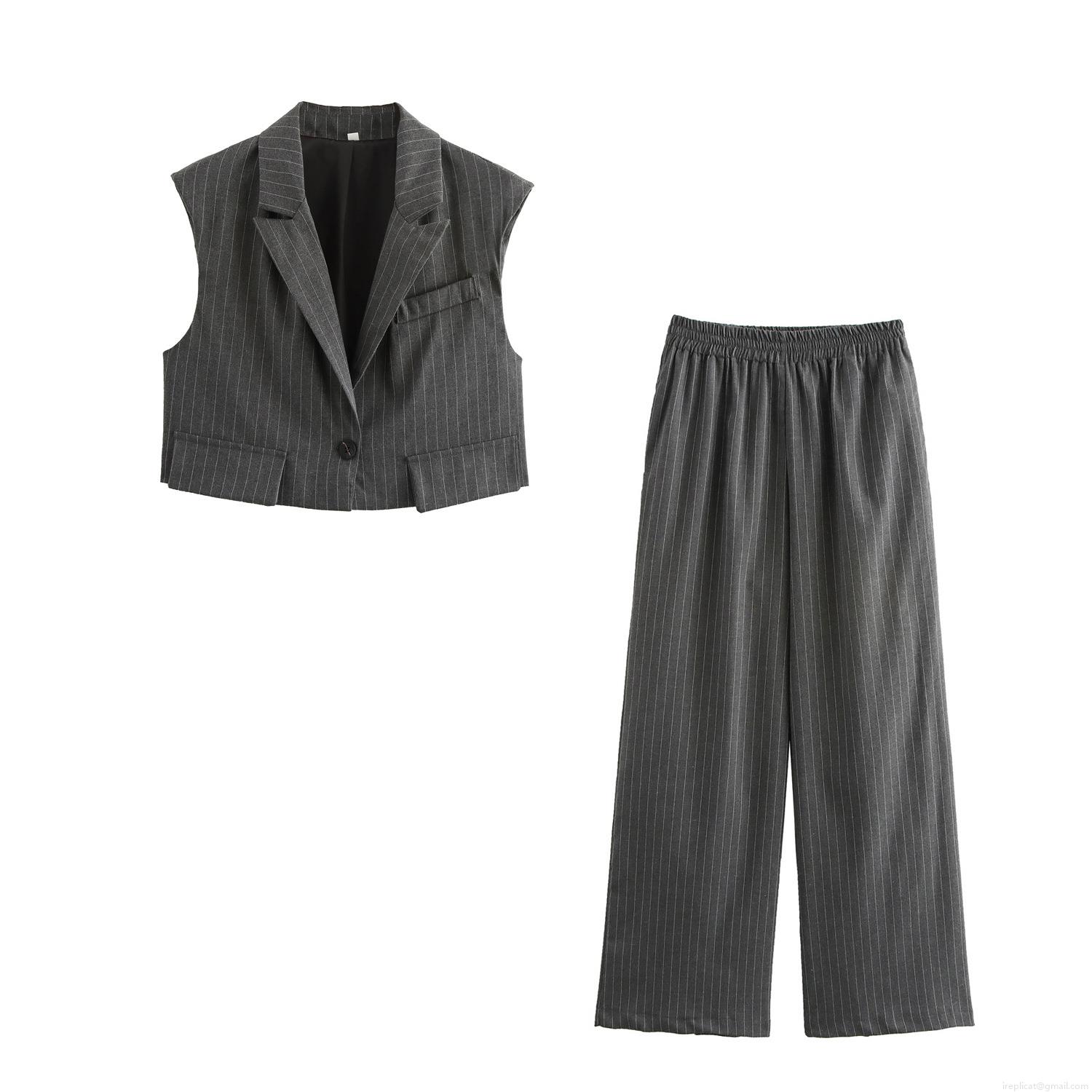 Women's Striped Two Piece Outfits 100% Polyester Woven Sleeveless Vest Top And High Waist Wide Leg Trousers Business Casual Office Lady Set Women's Striped Two Piece Outfits 100% Polyester Woven Sleeveless Vest Top And High Waist Wide Leg Trousers Business Casual Office Lady Set