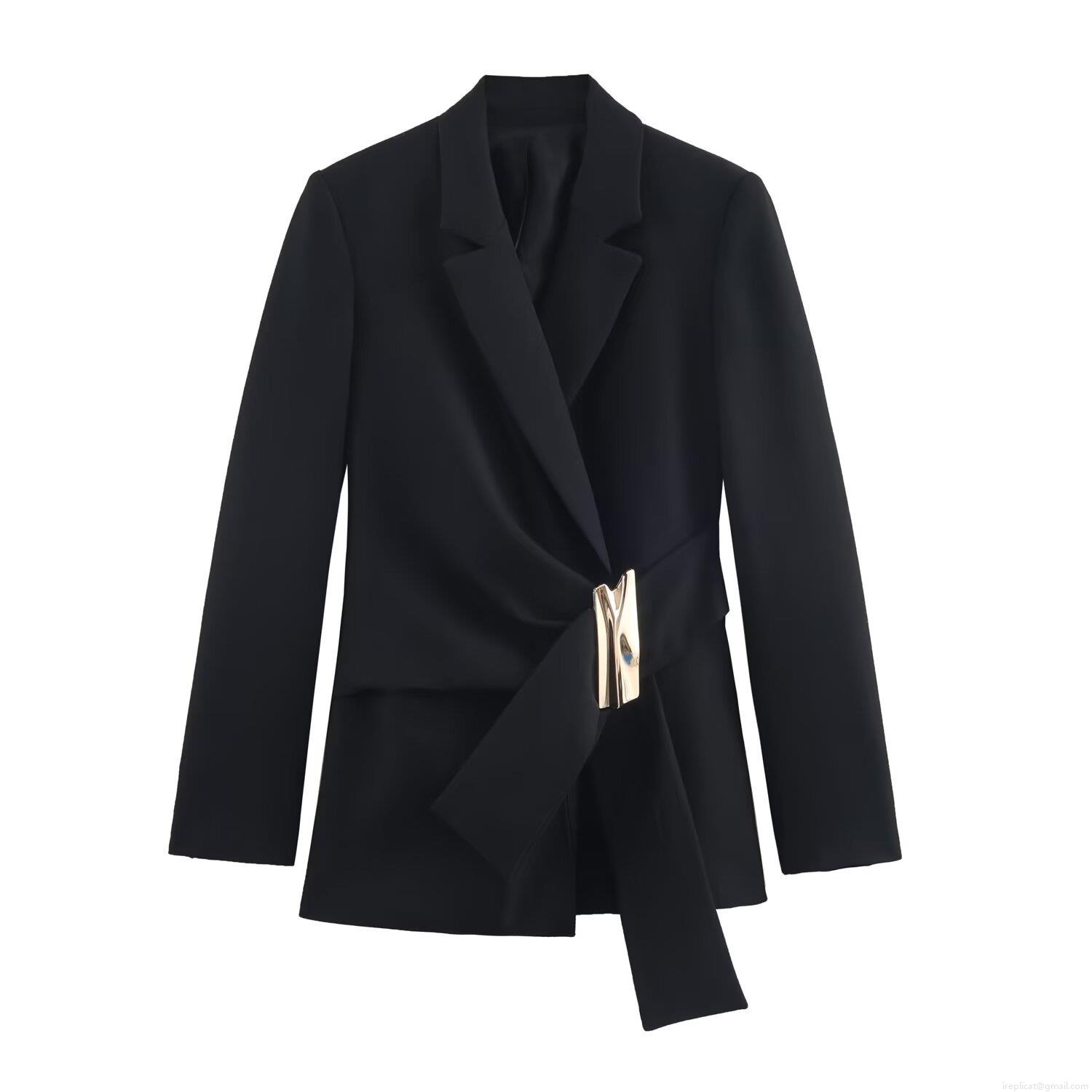 Women\'s Two Piece Blazer and Pants Set Elegant Solid Color Long Sleeve Office Suit with Metal Buckle Decoration Wide Leg Trousers Autumn Streetwear