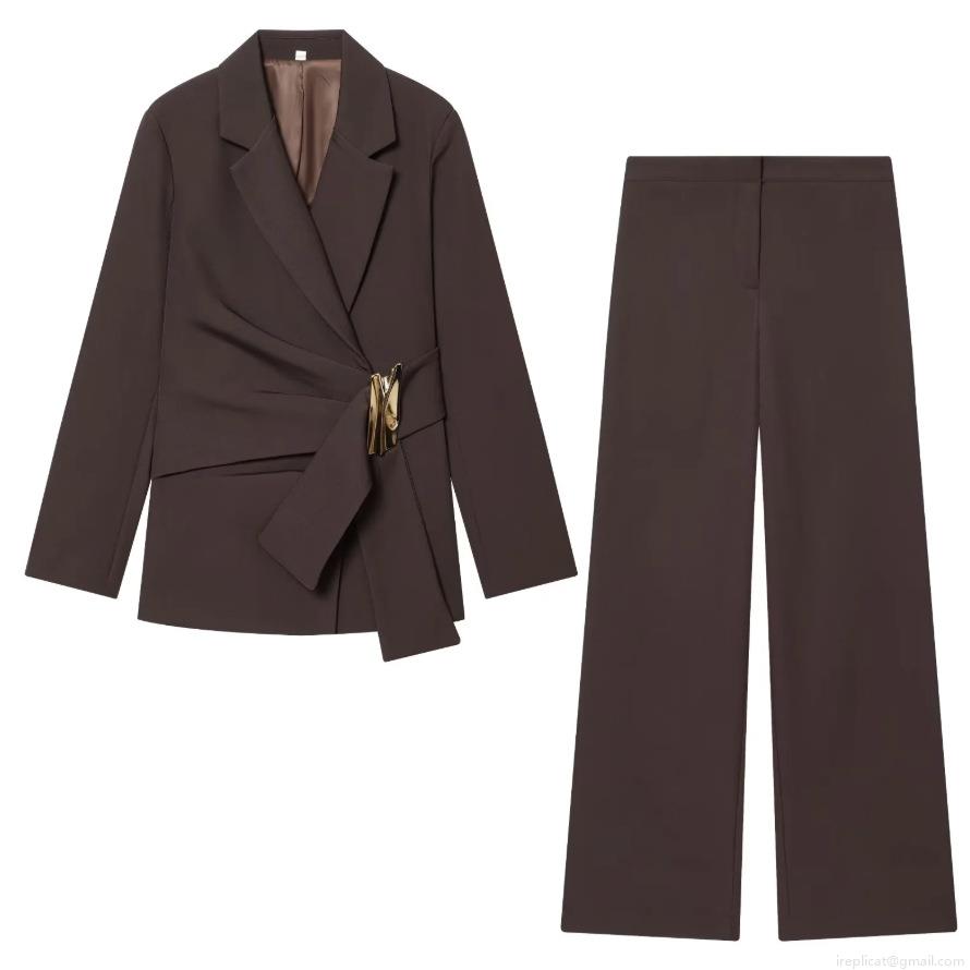 Women\'s Two Piece Blazer and Pants Set Elegant Solid Color Long Sleeve Office Suit with Metal Buckle Decoration Wide Leg Trousers Autumn Streetwear