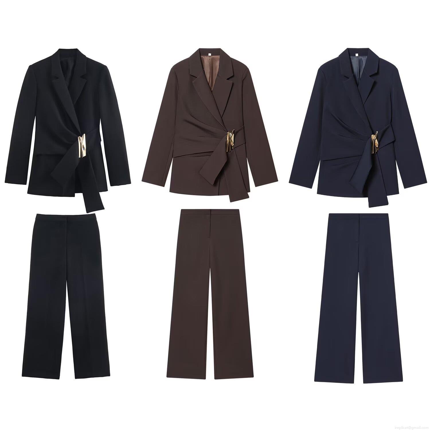 Women\'s Two Piece Blazer and Pants Set Elegant Solid Color Long Sleeve Office Suit with Metal Buckle Decoration Wide Leg Trousers Autumn Streetwear