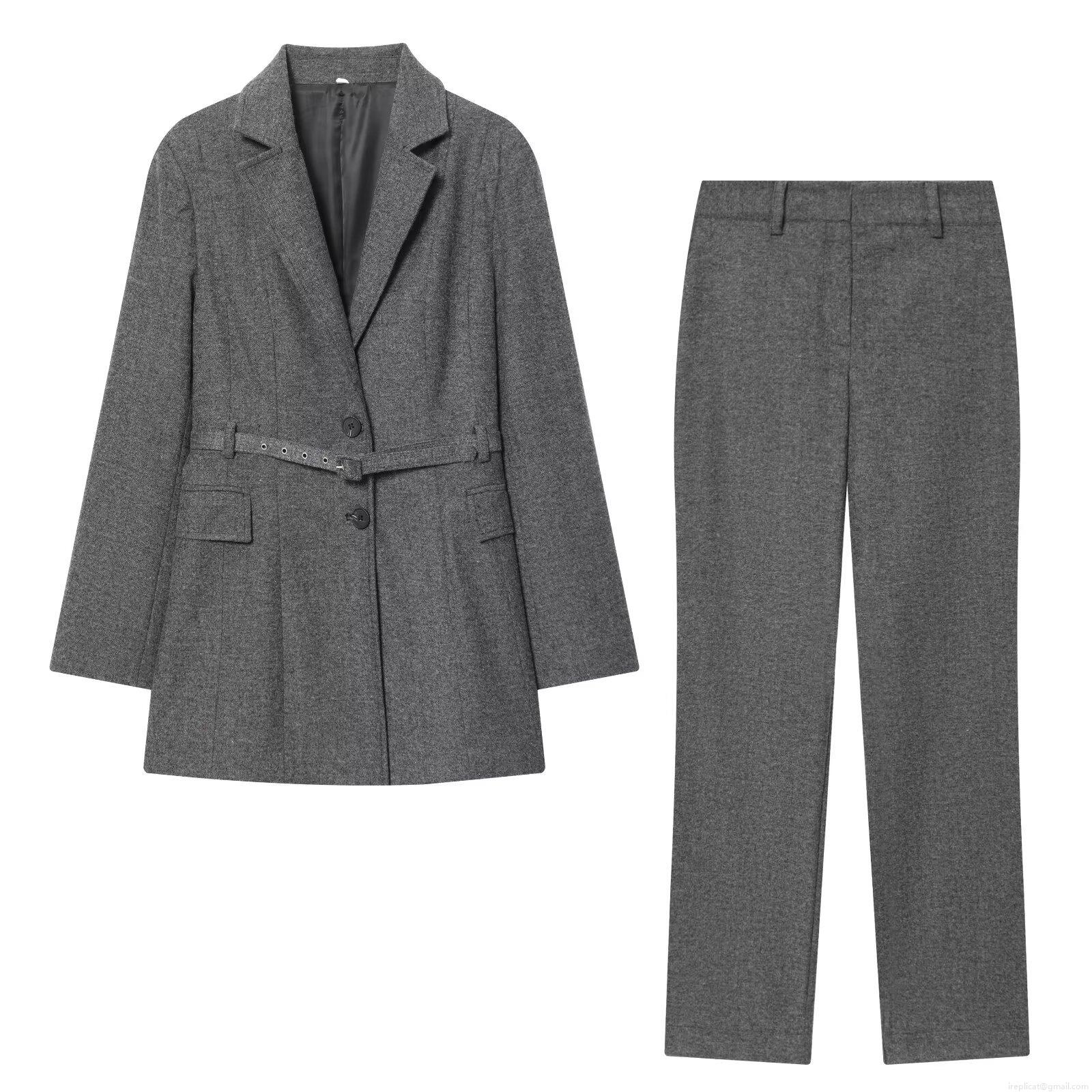 Women's Casual Two Piece Blazer Pants Set Elegant Belted Mid-Length Woolen Jacket Straight Leg Trousers Office Suit Outfits Autumn Streetwear Women's Casual Two Piece Blazer Pants Set Elegant Belted Mid-Length Woolen Jacket Straight Leg Trousers Office Suit Outfits Autumn Streetwear
