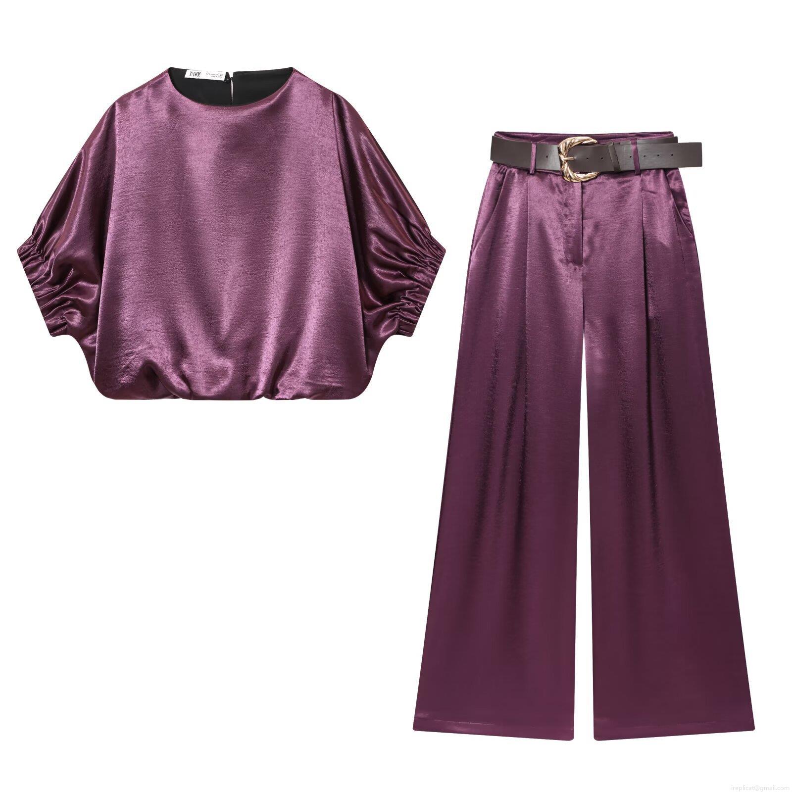 Women's Satin Two-Piece Set Elegant Batwing Sleeve Round Neck Top And High Waist Wide Leg Pants With Leather Belt Chic Solid Color Streetwear Outfit Women's Satin Two-Piece Set Elegant Batwing Sleeve Round Neck Top And High Waist Wide Leg Pants With Leather Belt Chic Solid Color Streetwear Outfit
