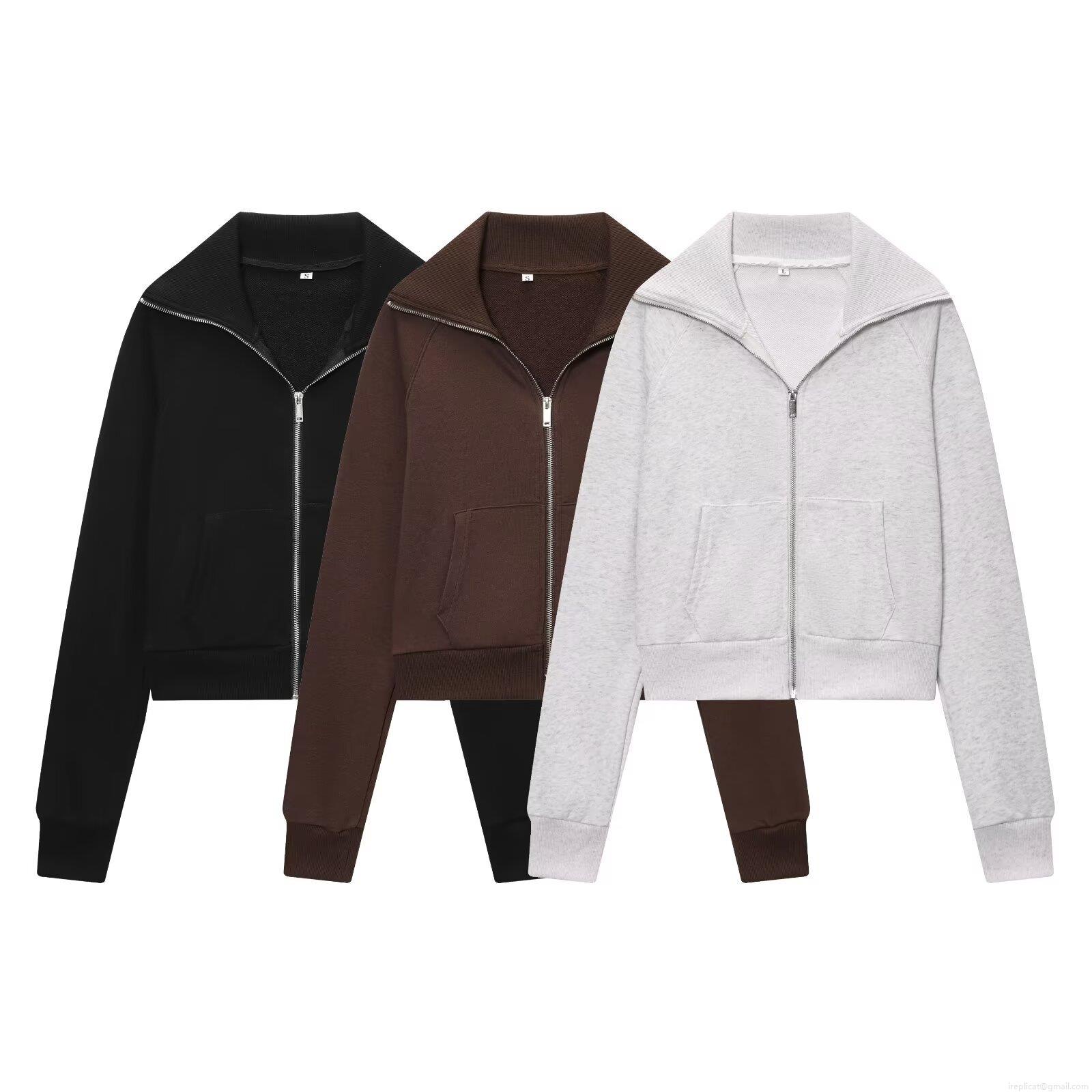 Women\'s Casual Fleece Two Piece Outfits Zipper Stand Collar Cropped Sweatshirt And High Waist Flared Sweatpants Solid Color Sporty Lounge Sets