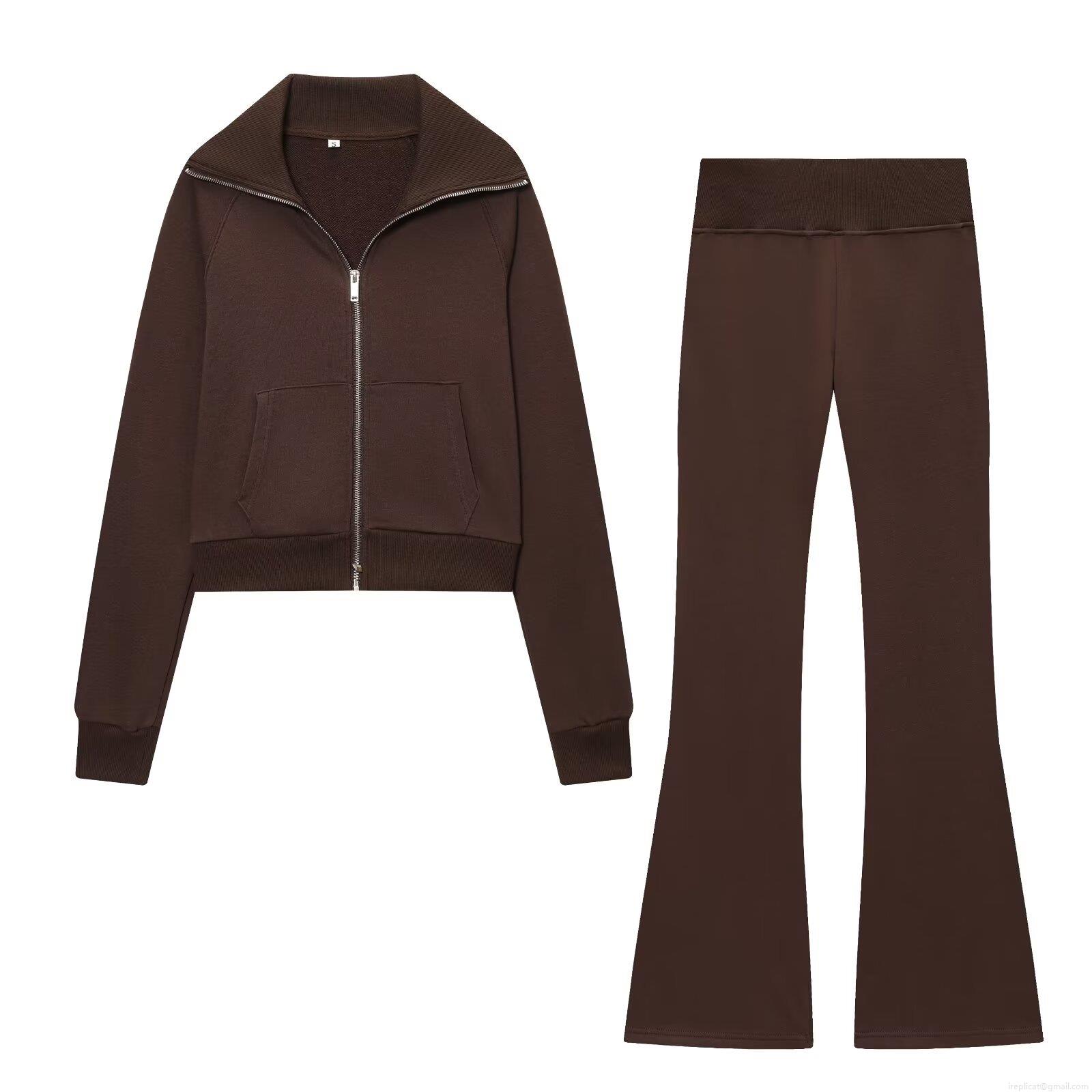 Women\'s Casual Fleece Two Piece Outfits Zipper Stand Collar Cropped Sweatshirt And High Waist Flared Sweatpants Solid Color Sporty Lounge Sets