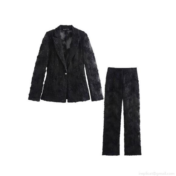 Women Black Sequin 3D Floral Lace Suit 2 Piece Set Semi-Transparent Blazer Long Pants Fashion Elegant Evening Party Outfit Women Black Sequin 3D Floral Lace Suit 2 Piece Set Semi-Transparent Blazer Long Pants Fashion Elegant Evening Party Outfit