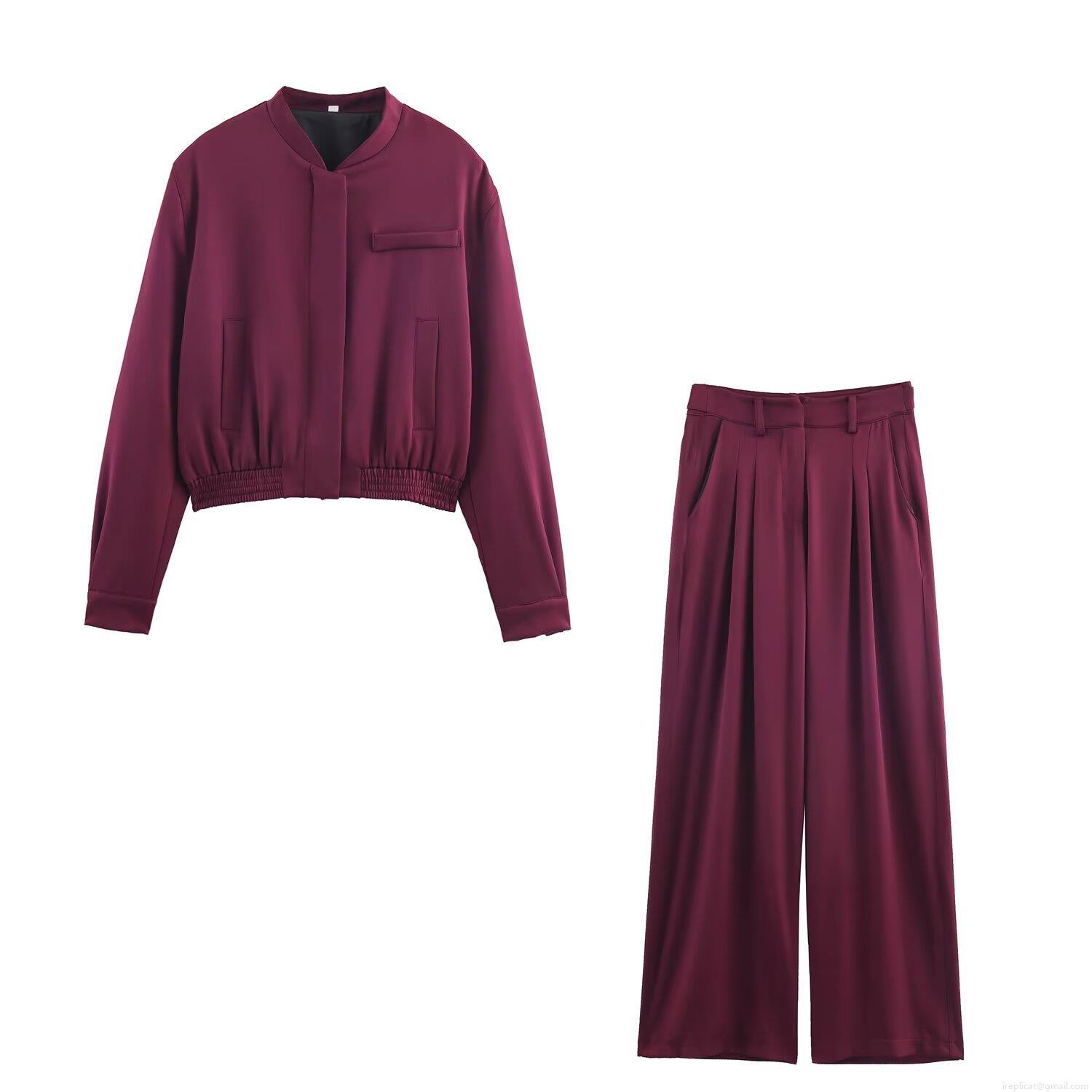 Women's Casual Wine Red Two Piece Set Solid Short Bomber Jacket and High Waist Wide Leg Pants Streetwear Outfits Women's Casual Wine Red Two Piece Set Solid Short Bomber Jacket and High Waist Wide Leg Pants Streetwear Outfits