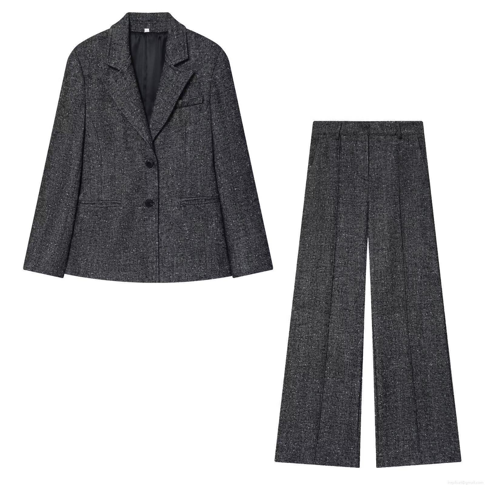 Women's Herringbone Tweed Two Piece Suit Set Business Blazer Jacket and High Waist Wide Leg Pants Streetwear Casual Office Dark Grey Outfits Women's Herringbone Tweed Two Piece Suit Set Business Blazer Jacket and High Waist Wide Leg Pants Streetwear Casual Office Dark Grey Outfits