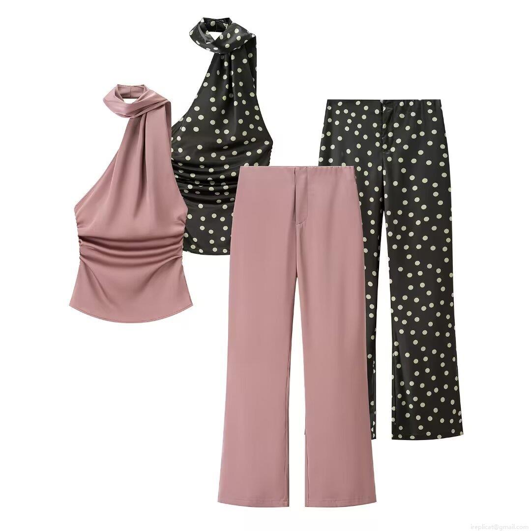 Women's Satin Halter Neck Scarf Top And Polka Dot High Waist Flare Pants Separates Sexy Backless Ruched Crop Top Wide Leg Trousers Two Piece Outfits For Party Streetwear Clubwear Women's Satin Halter Neck Scarf Top And Polka Dot High Waist Flare Pants Separates Sexy Backless Ruched Crop Top Wide Leg Trousers Two Piece Outfits For Party Streetwear Clubwear