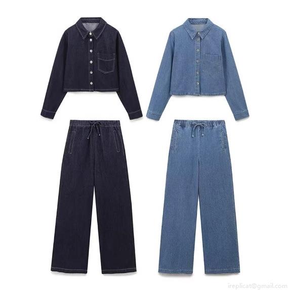 Women's Casual Solid Color Denim Shirt Jacket And High Waist Wide Leg Pants Two Piece Set Long Sleeve Lapel Top Drawstring Trousers Streetwear Women's Casual Solid Color Denim Shirt Jacket And High Waist Wide Leg Pants Two Piece Set Long Sleeve Lapel Top Drawstring Trousers Streetwear