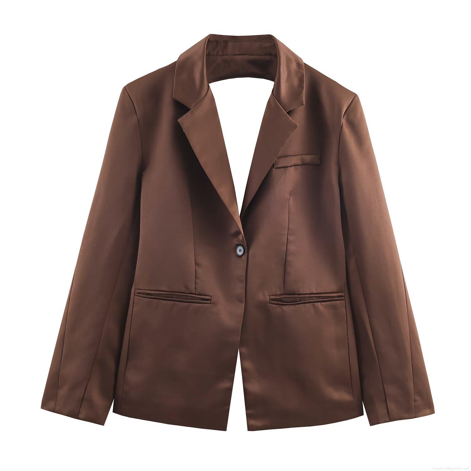 Women's Satin Three Piece Set Backless Blazer Wide Leg Pants And Tube Top Solid Color Streetwear Party Elegant Brown Suit Women's Satin Three Piece Set Backless Blazer Wide Leg Pants And Tube Top Solid Color Streetwear Party Elegant Brown Suit