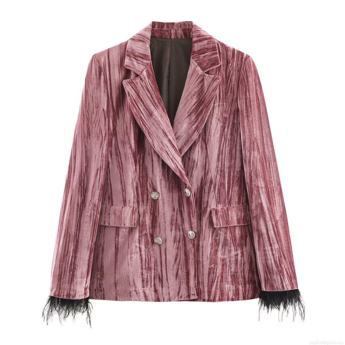 Women Luxury Velvet Two Piece Suit Set Feather Trim Cuff Double Breasted Pleated Blazer And Wide Leg Pants Elegant Evening Party Outfits Women Luxury Velvet Two Piece Suit Set Feather Trim Cuff Double Breasted Pleated Blazer And Wide Leg Pants Elegant Evening Party Outfits