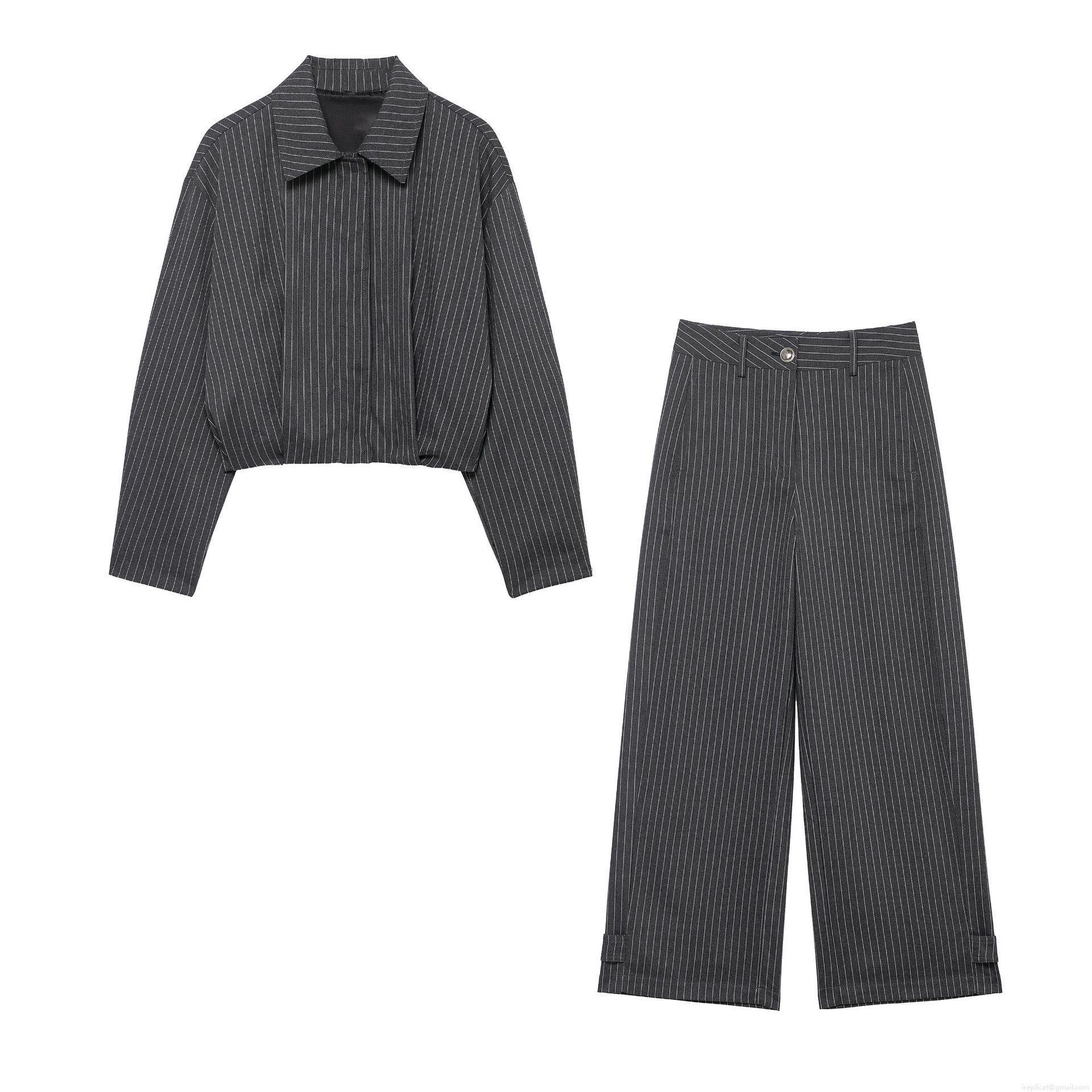 Women's Pinstripe 2 Piece Outfits Casual Polyester Long Sleeve Short Bomber Jacket Coat And High Waist Wide Leg Pants Set Streetwear Business Suit Women's Pinstripe 2 Piece Outfits Casual Polyester Long Sleeve Short Bomber Jacket Coat And High Waist Wide Leg Pants Set Streetwear Business Suit