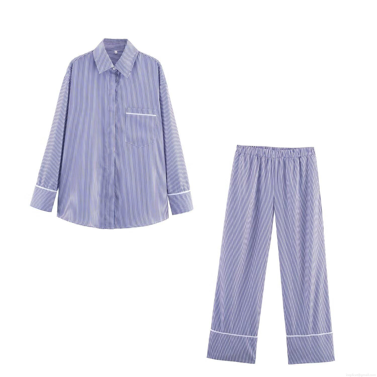 Women's Casual Poplin Contrast Stripe Pajama Style Set Long Sleeve Button Down Shirt And Wide Leg Pants Set Blue Purple White Stripe Loungewear Streetwear Women's Casual Poplin Contrast Stripe Pajama Style Set Long Sleeve Button Down Shirt And Wide Leg Pants Set Blue Purple White Stripe Loungewear Streetwear