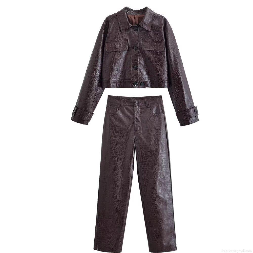 Women's Two Piece Set Crocodile Embossed Faux Leather Jacket and High Waist Straight Pants Outfits Retro PU Streetwear Suit Women's Two Piece Set Crocodile Embossed Faux Leather Jacket and High Waist Straight Pants Outfits Retro PU Streetwear Suit