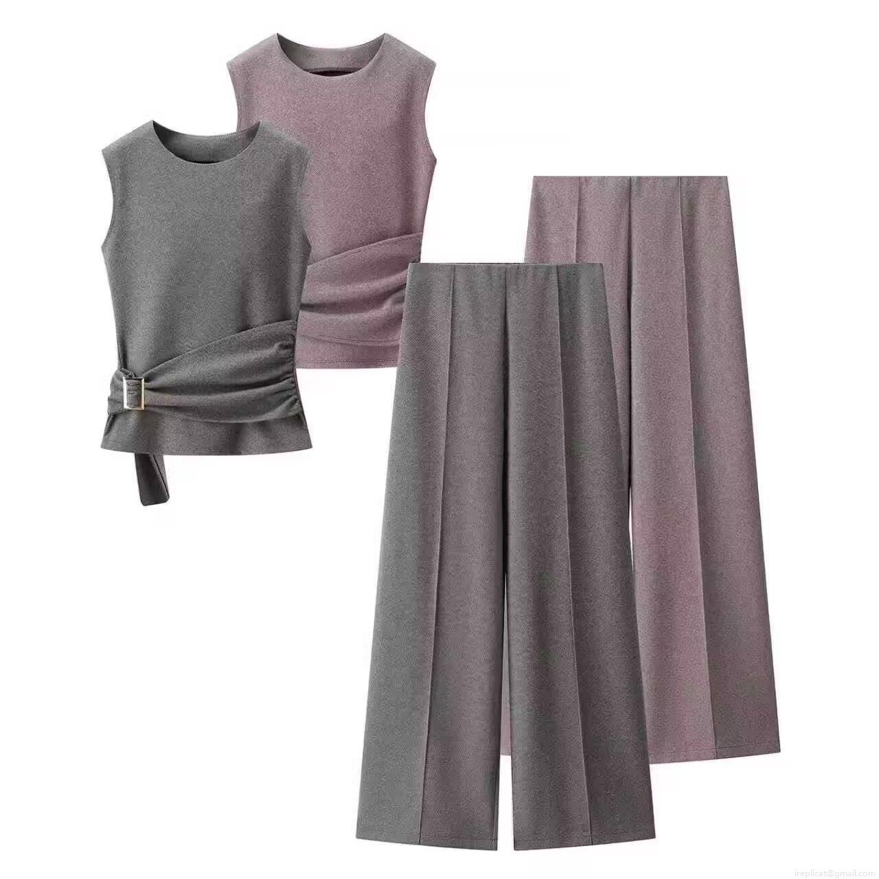 Women's Fashion Casual Two-Piece Set Buckle Trim Sleeveless Round Neck Top and High Waist Wide Leg Pants Solid Color Knitted Streetwear Outfits For Women Women's Fashion Casual Two-Piece Set Buckle Trim Sleeveless Round Neck Top and High Waist Wide Leg Pants Solid Color Knitted Streetwear Outfits For Women