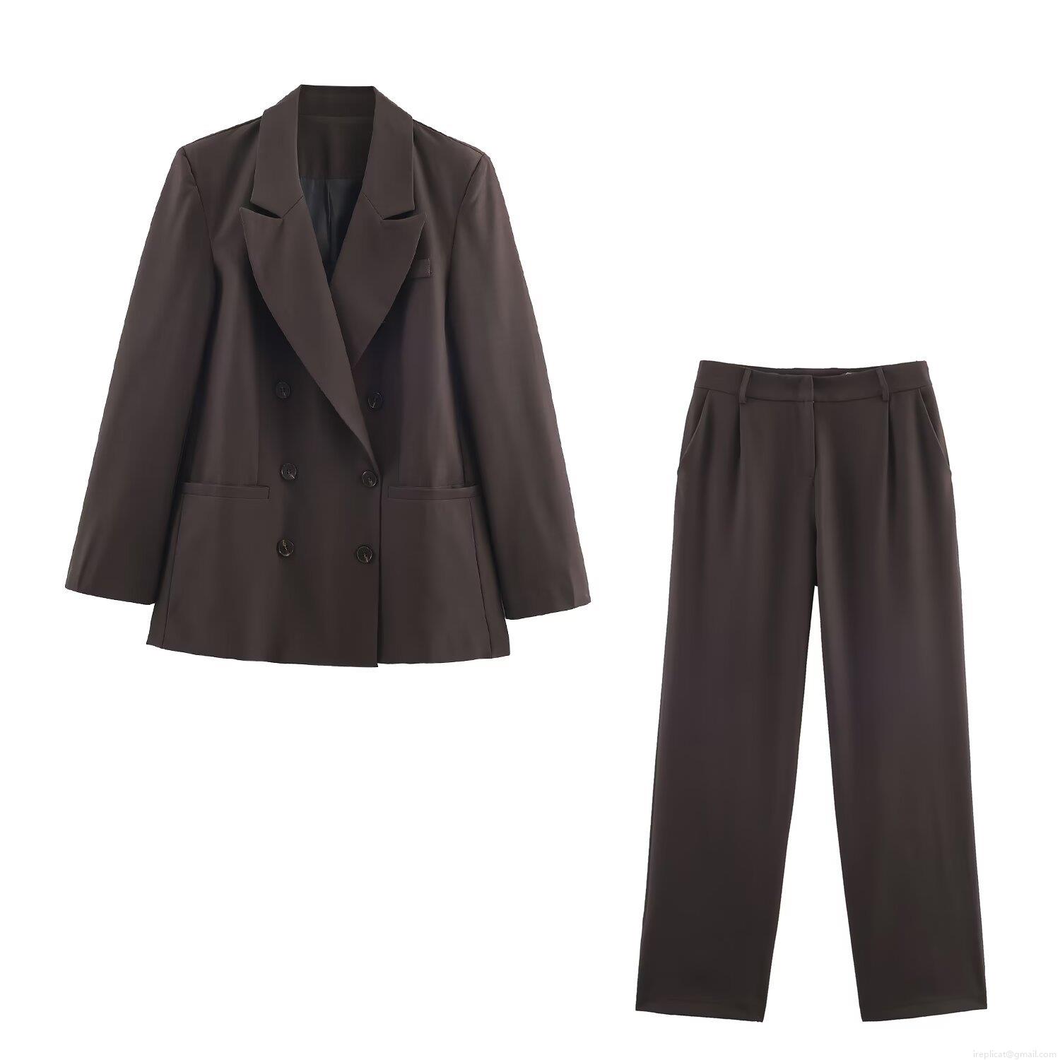 Women's Fashion Double Breasted Padded Shoulder Blazer and High Waist Straight Leg Pants Two Piece Suit Set Solid Color Dark Brown Office Lady Outfits Women's Fashion Double Breasted Padded Shoulder Blazer and High Waist Straight Leg Pants Two Piece Suit Set Solid Color Dark Brown Office Lady Outfits