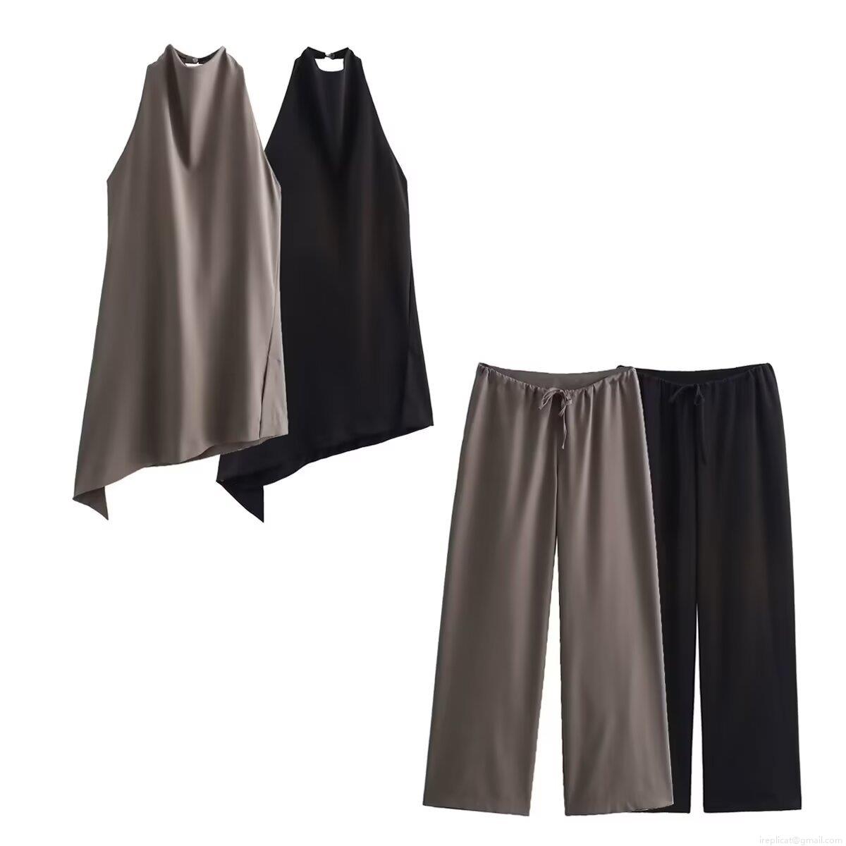 Women's 2 Piece Pants Set Minimalist Polyester Halter Neck Irregular Hem Sleeveless Top And Wide Leg Drawstring Pants Casual Streetwear Outfit Women's 2 Piece Pants Set Minimalist Polyester Halter Neck Irregular Hem Sleeveless Top And Wide Leg Drawstring Pants Casual Streetwear Outfit