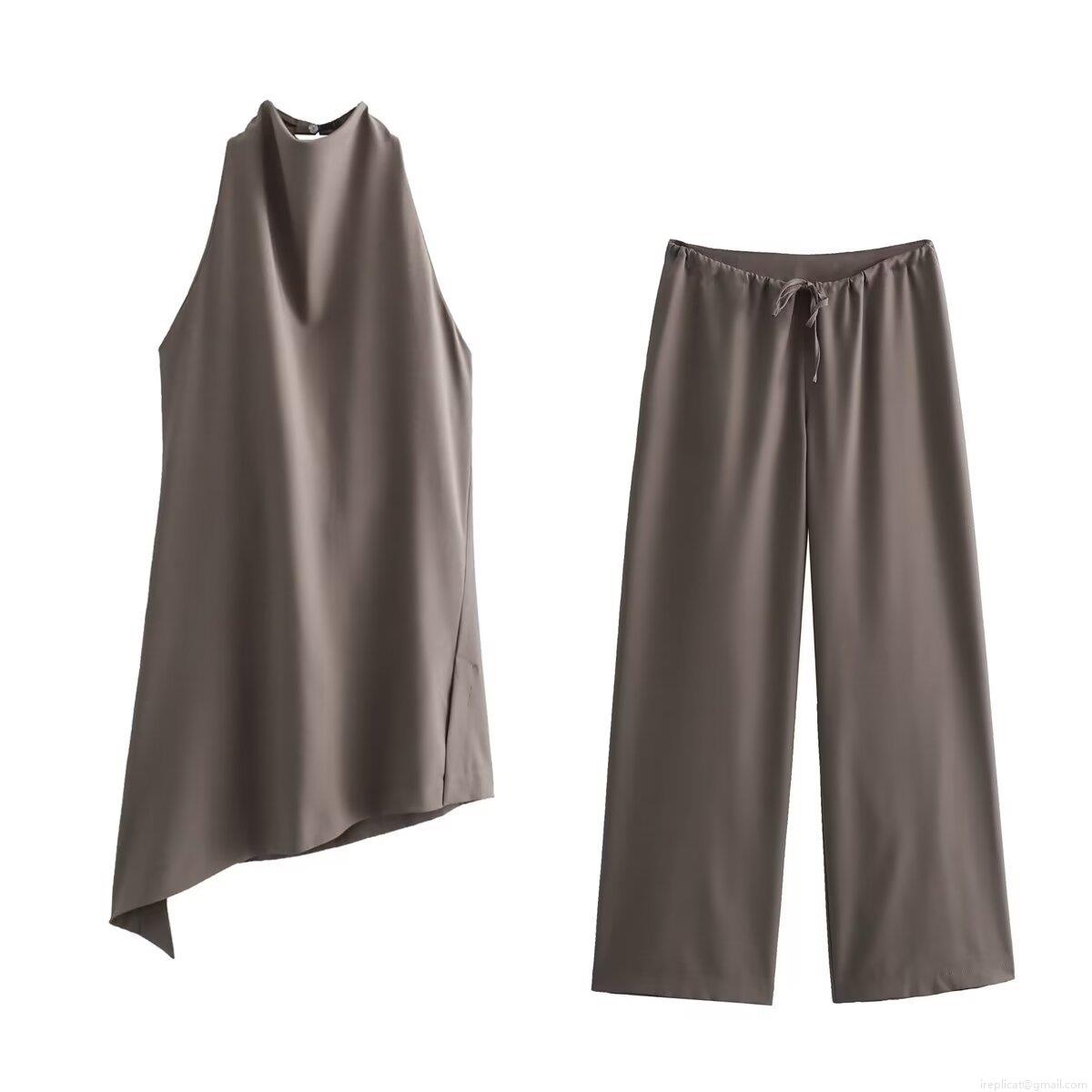 Women\'s 2 Piece Pants Set Minimalist Polyester Halter Neck Irregular Hem Sleeveless Top And Wide Leg Drawstring Pants Casual Streetwear Outfit
