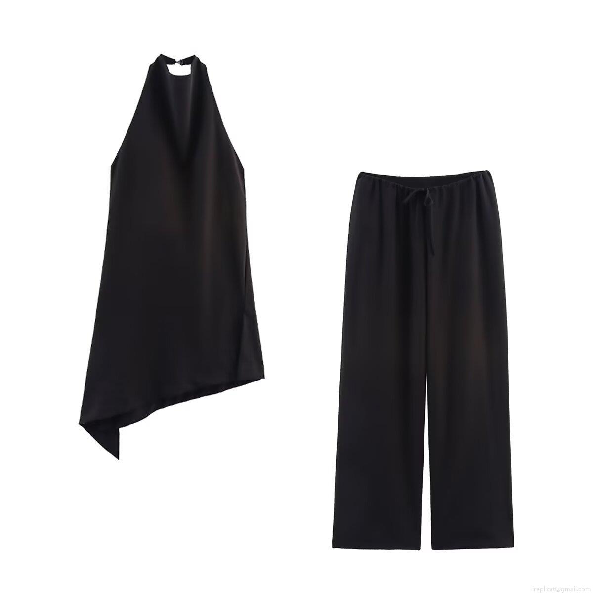 Women\'s 2 Piece Pants Set Minimalist Polyester Halter Neck Irregular Hem Sleeveless Top And Wide Leg Drawstring Pants Casual Streetwear Outfit