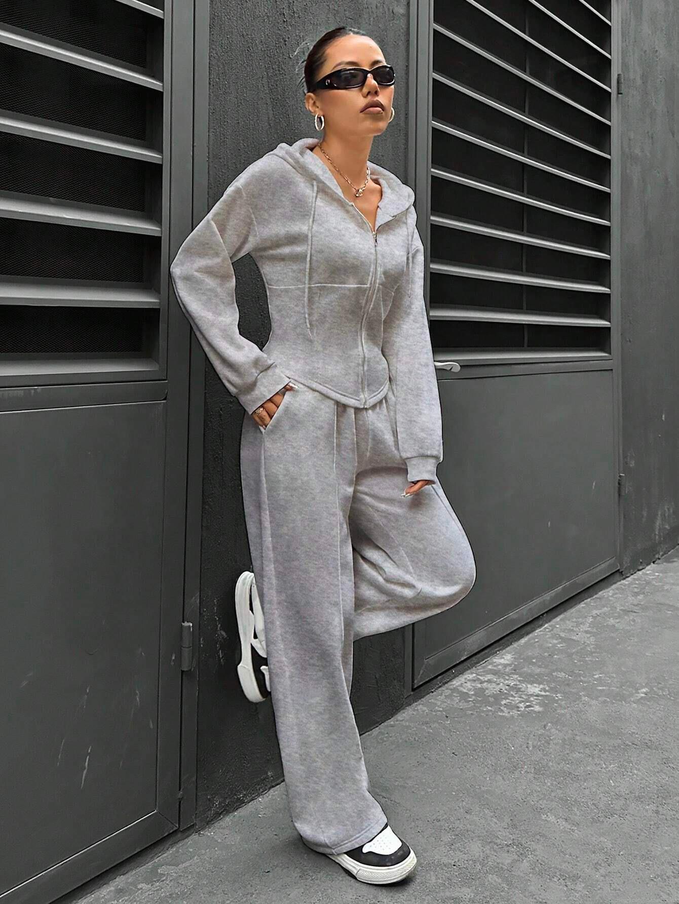 Women's 2 Piece Casual Lounge Set Zip Up Hooded Sweatshirt and High Waist Wide Leg Sweatpants Streetwear Tracksuit Solid Color Sporty Outfits